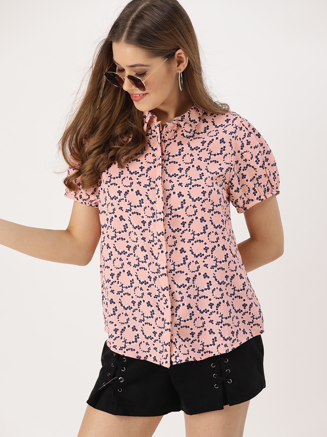 

DressBerry Women Peach-Coloured & Navy Blue Regular Fit Printed Casual Shirt