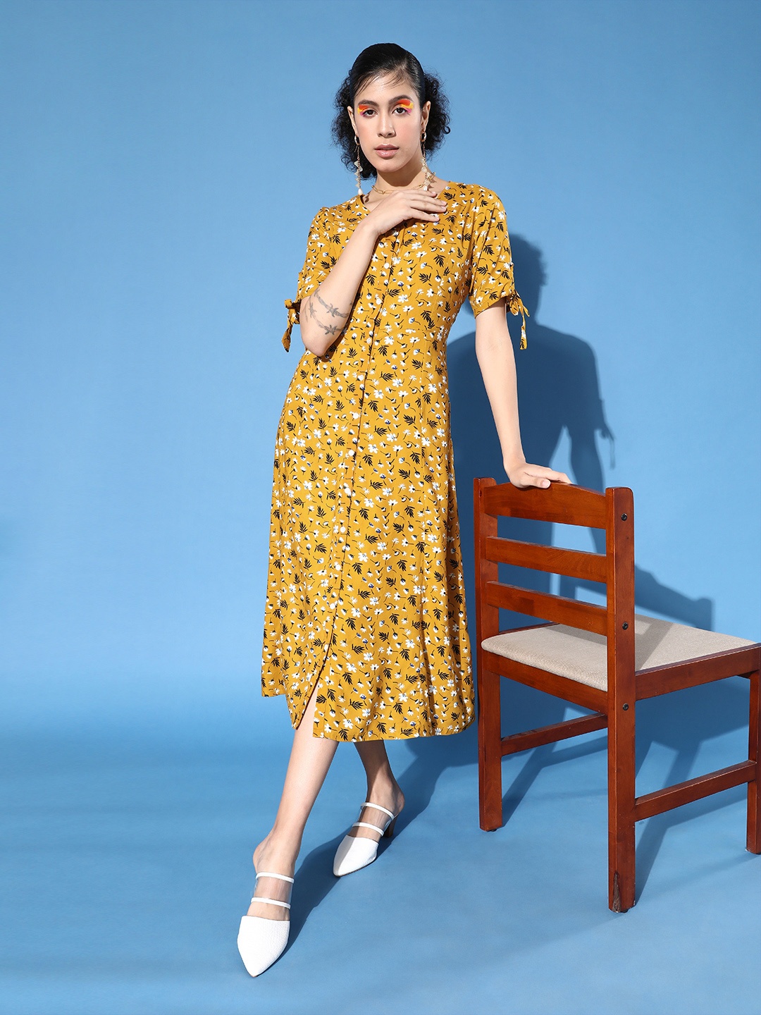 

DressBerry Women Stylish Mustard Floral Sun Dress