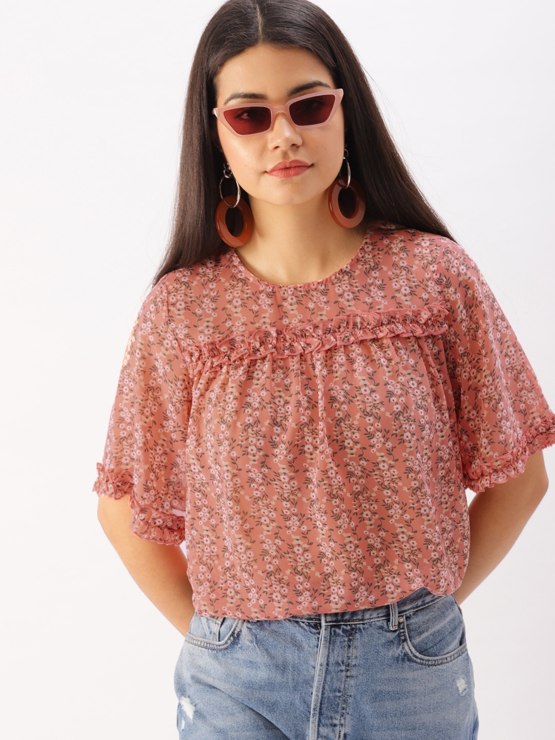 

DressBerry Coral Pink Floral High-Low Top