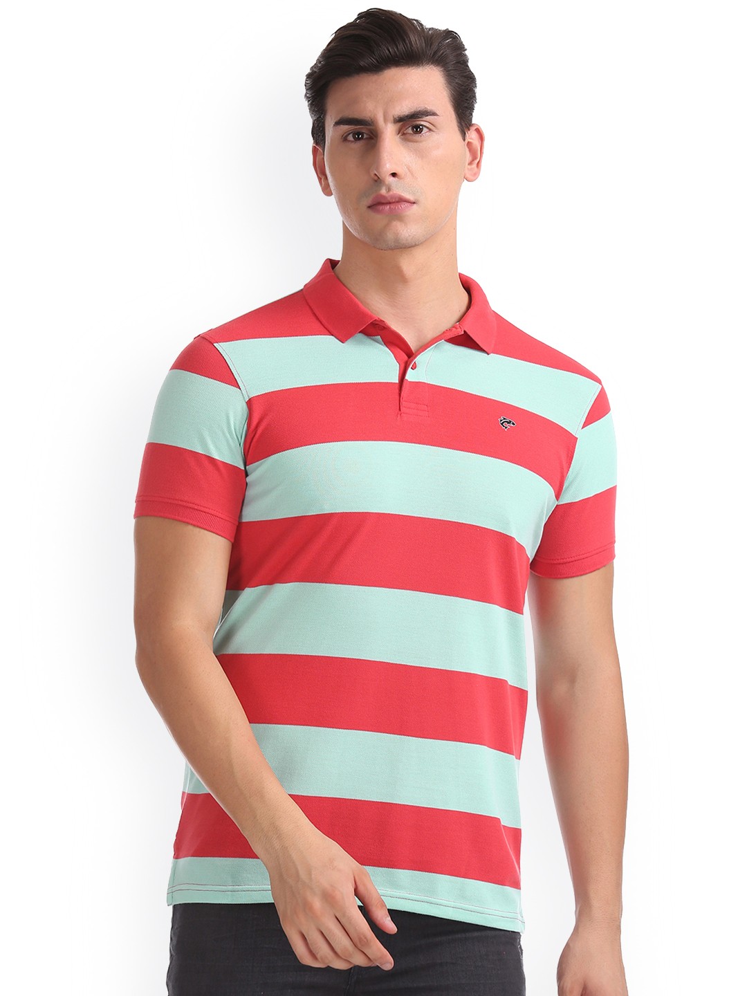 

Ruggers Men Red Blue Striped Polo Collar Pure Cotton T-shirt