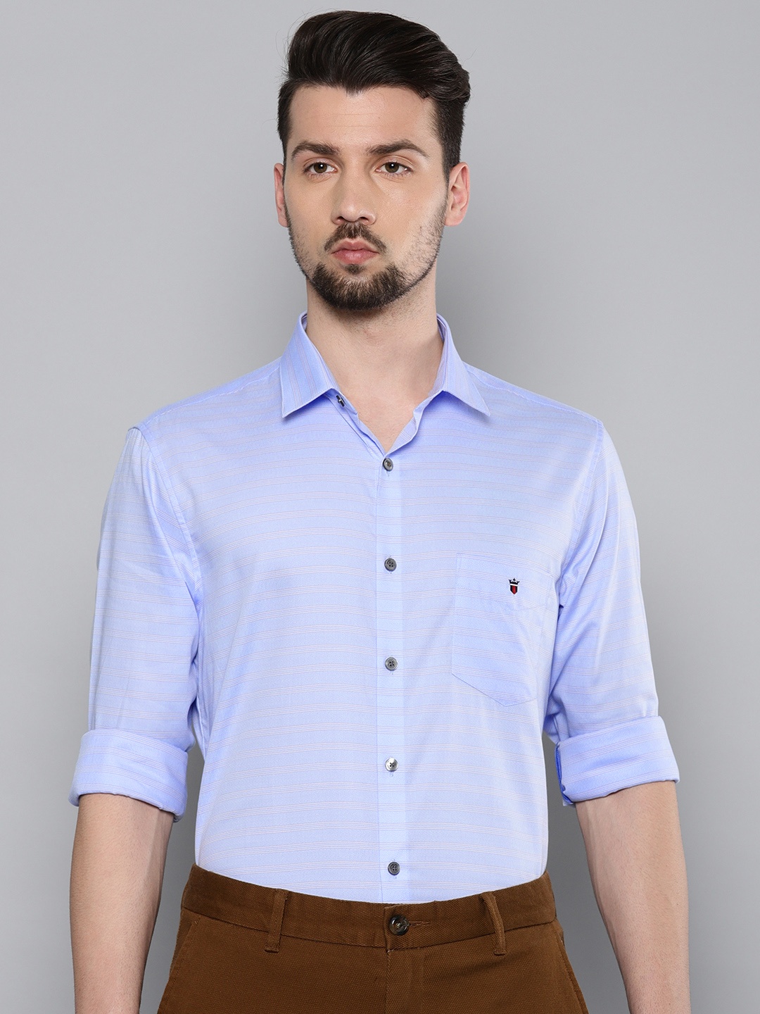 

Louis Philippe Sport Men Blue & Khaki Brown Super Slim Fit Striped Semiformal Shirt