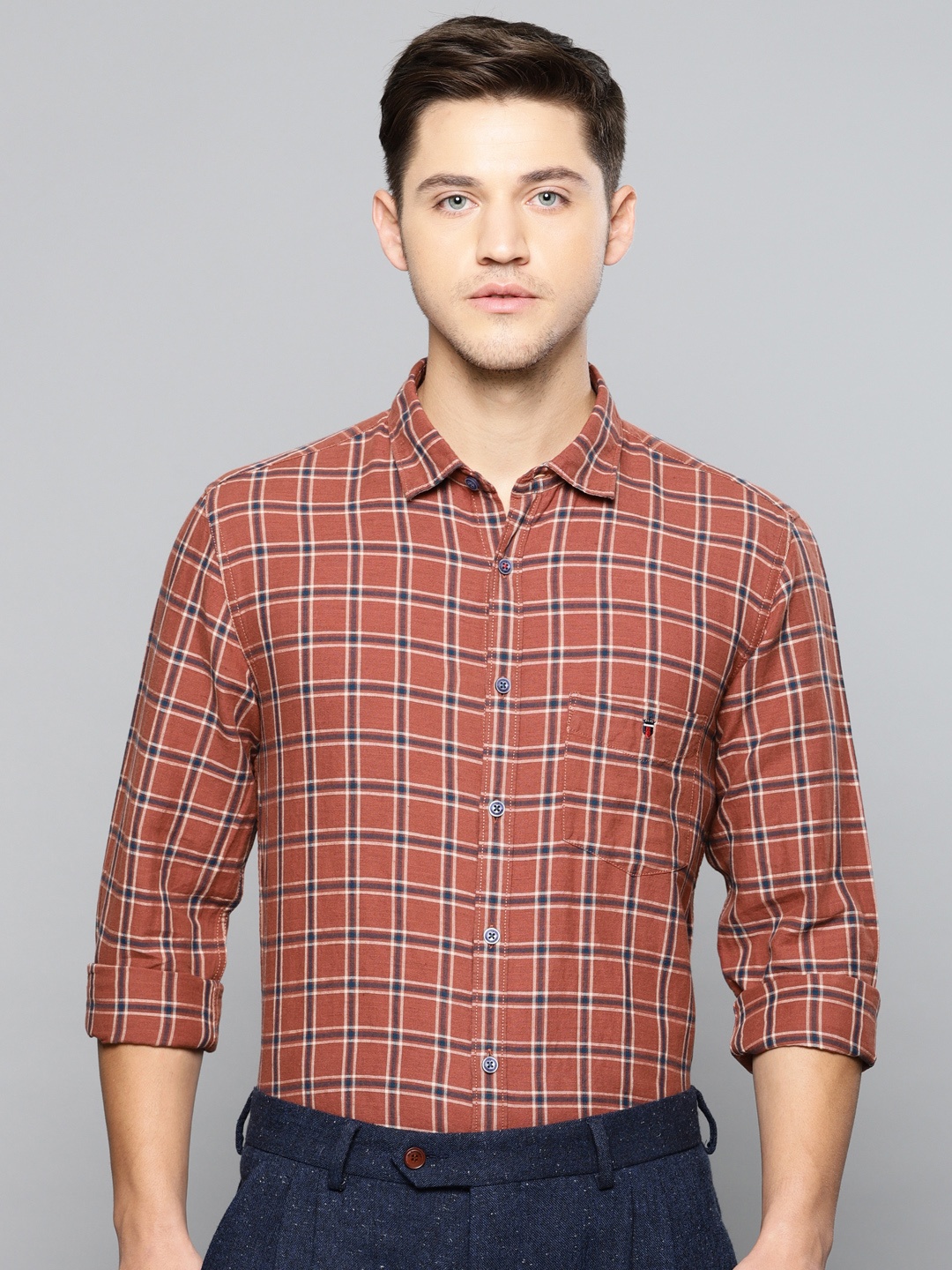 

Louis Philippe Sport Men Rust Brown & Navy Blue Super Slim Fit Checked Casual Shirt