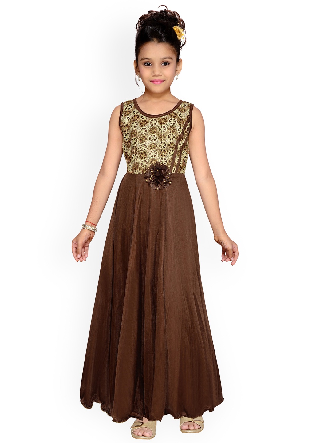 

Kidling Girls Brown Self Design Fit and Flare Dress