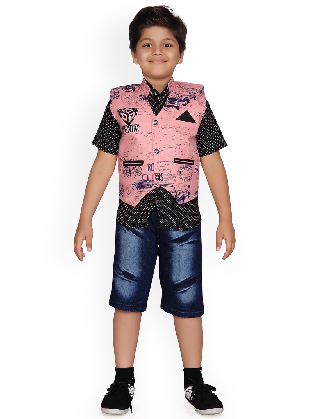 

Kidling Boys Peach-Coloured & Black Printed Shirt with Shorts