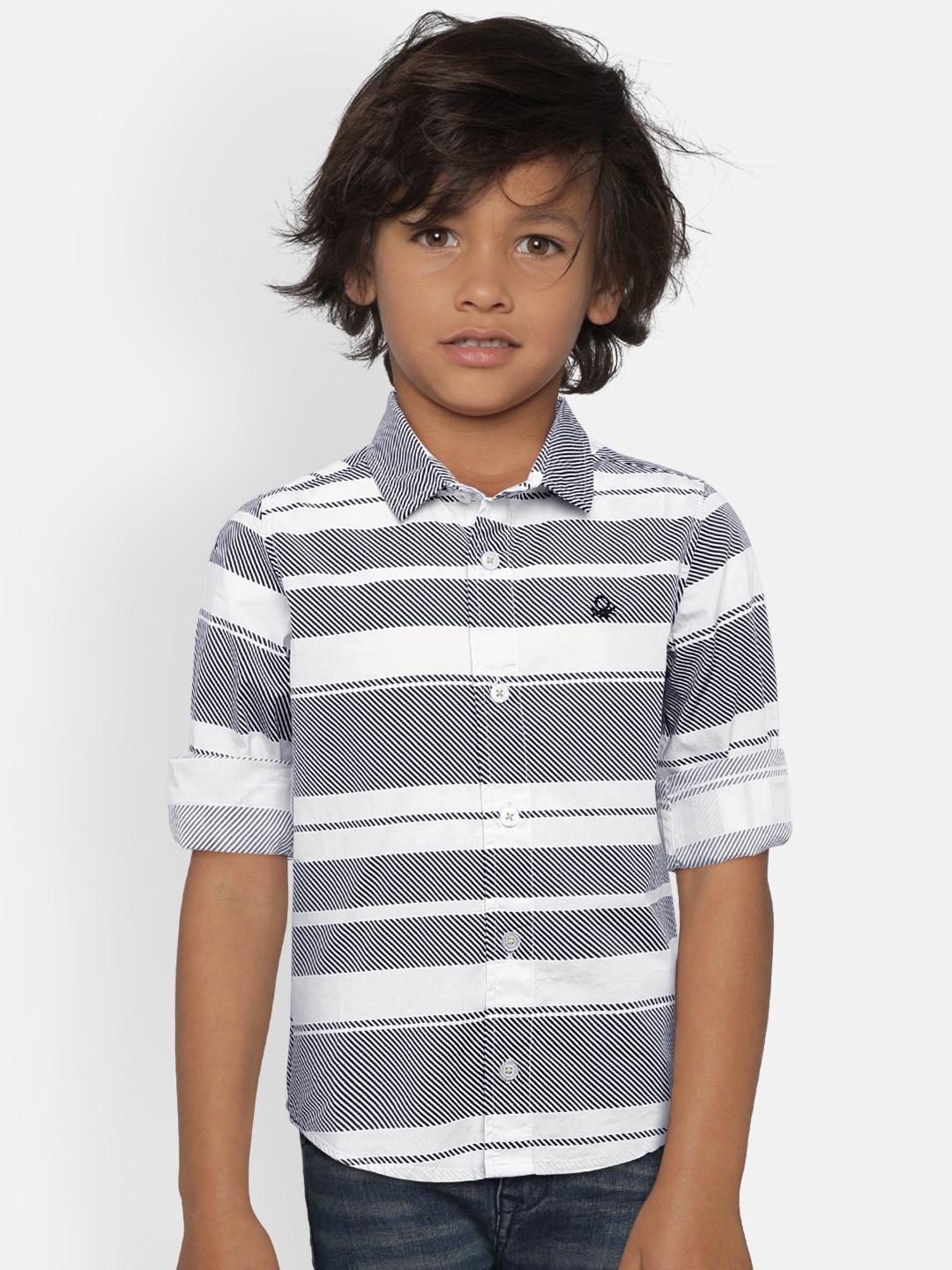 

United Colors of Benetton Boys White & Navy Regular Fit Striped Casual Shirt