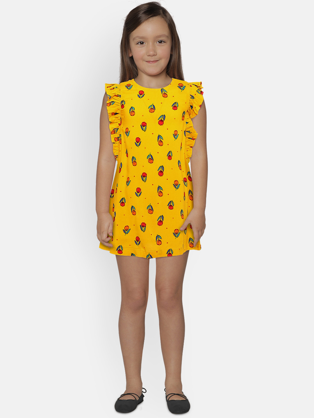 

United Colors of Benetton Girls Mustard Yellow Printed A-Line Dress