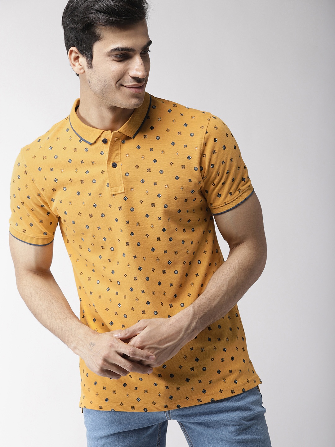 

Mast & Harbour Men Mustard Yellow & Navy Blue Printed Polo Collar T-shirt