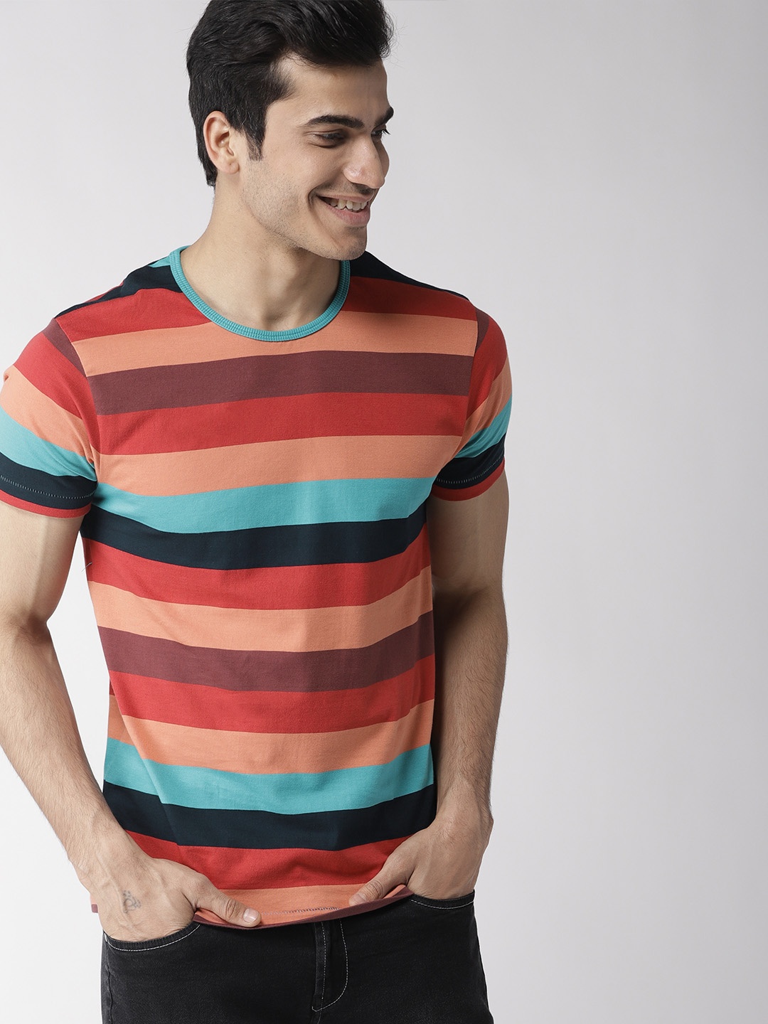 

Mast & Harbour Men Multicoloured Striped Round Neck T-shirt, Multi