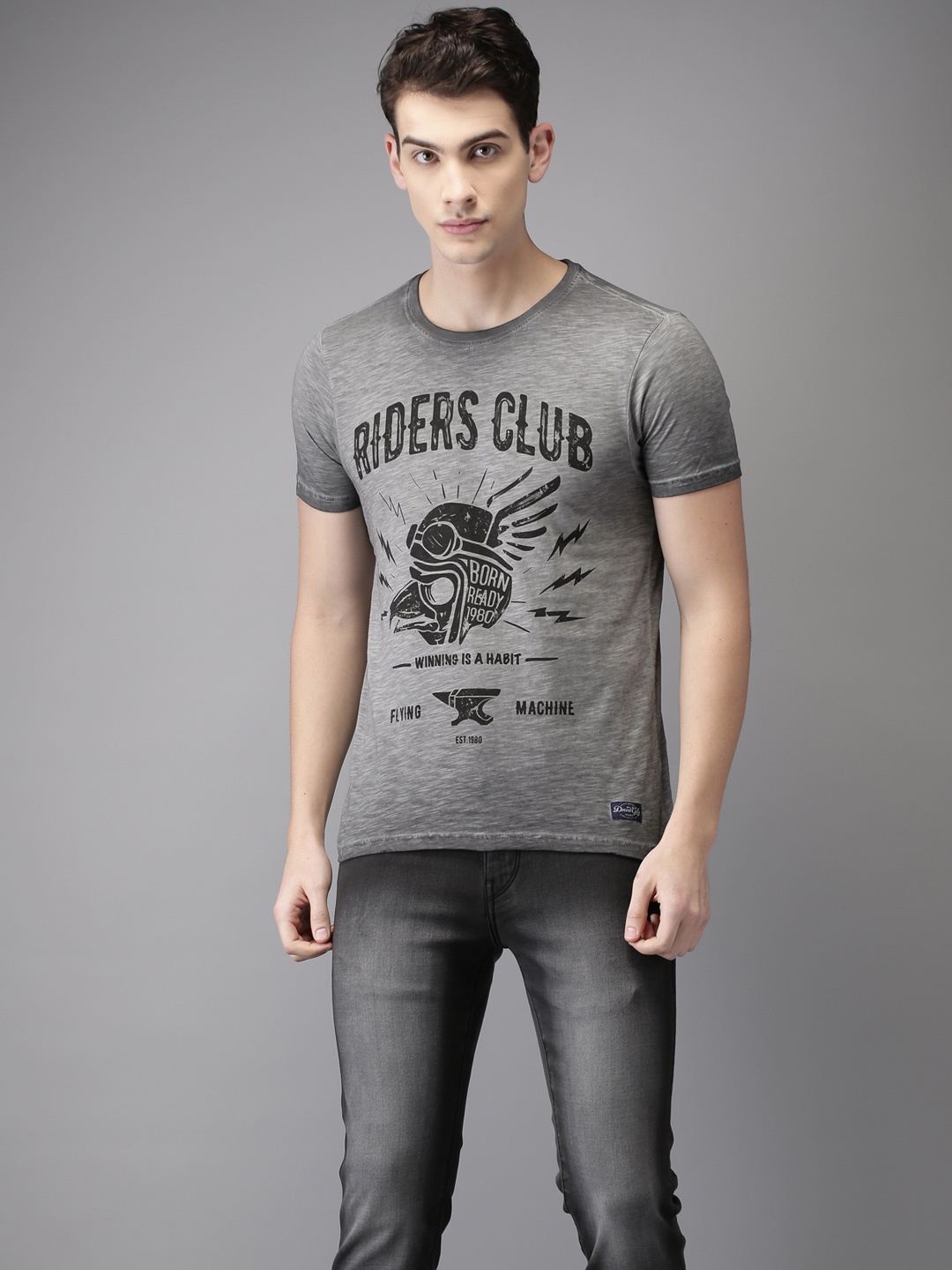 

Flying Machine Men Charcoal Grey Printed Round Neck Pure Cotton T-shirt