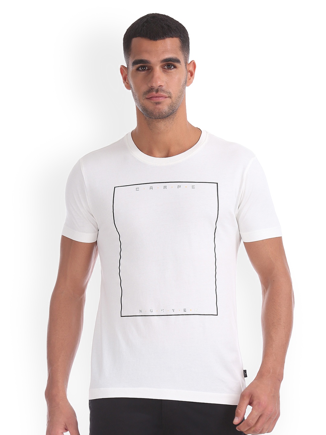 

Flying Machine Men White Printed Round Neck Pure Cotton T-shirt