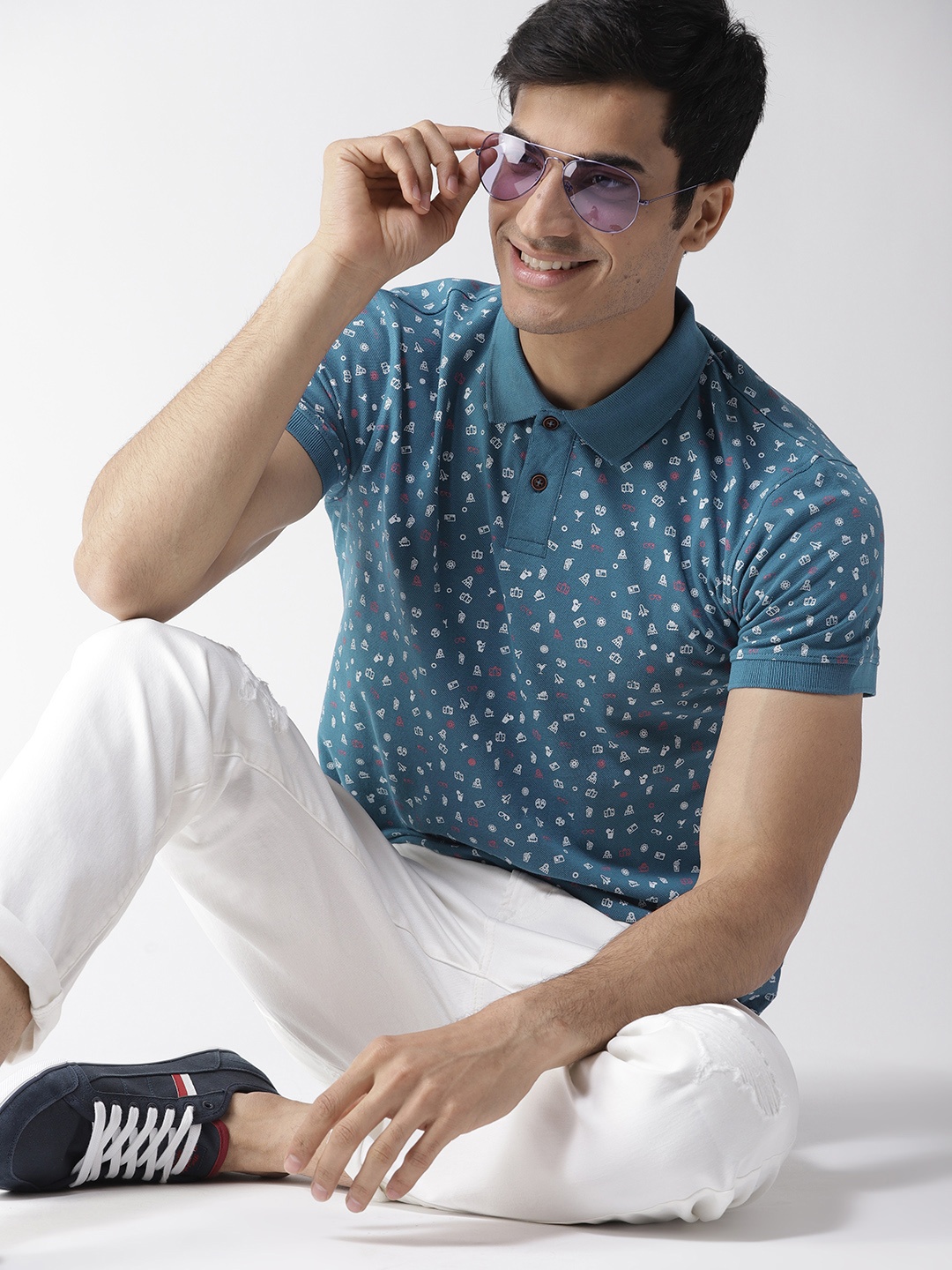 

Mast & Harbour Men Teal Blue Printed Polo Collar T-shirt