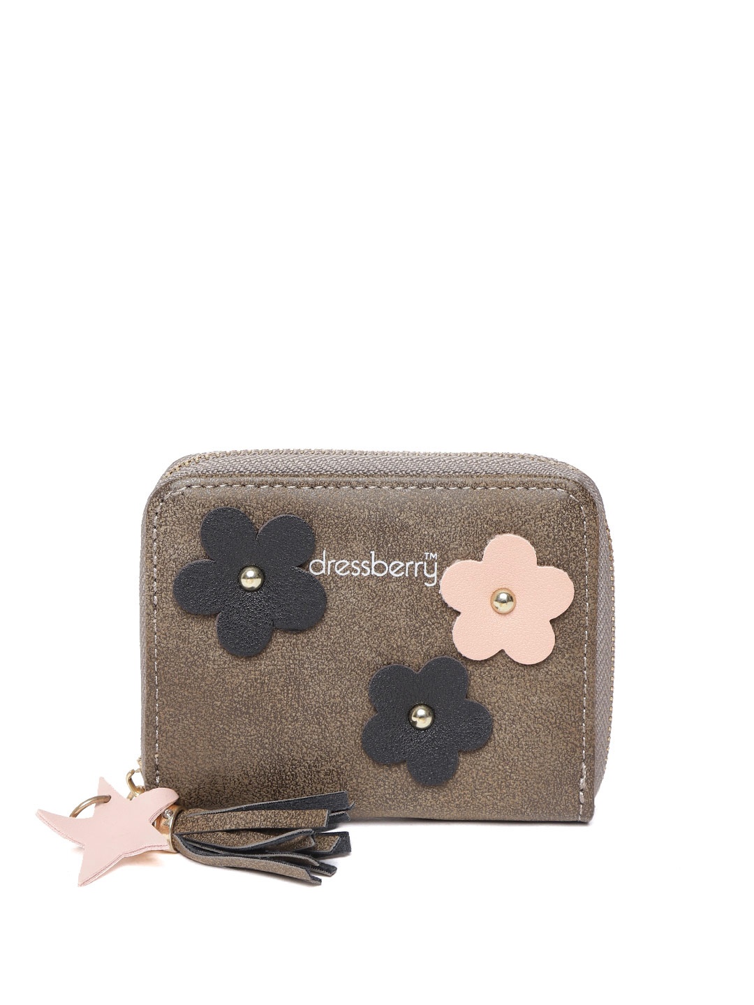 

DressBerry Women Olive Brown Solid Zip Around Wallet with Appliqe Detail