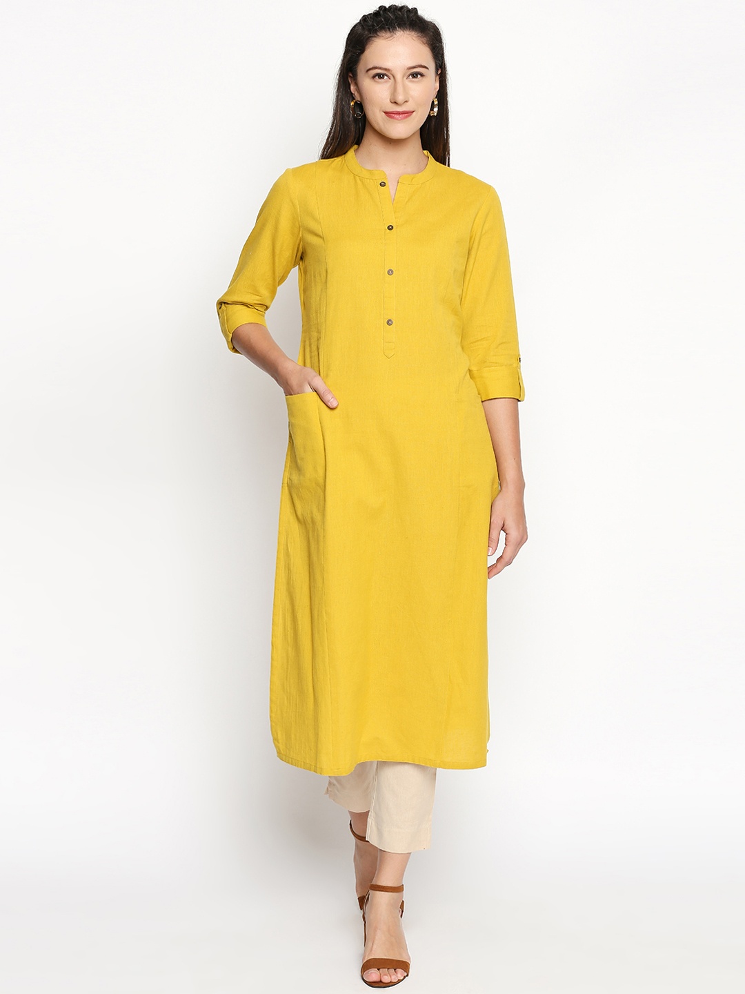 

RANGMANCH BY PANTALOONS Women Yellow Solid Straight Kurta