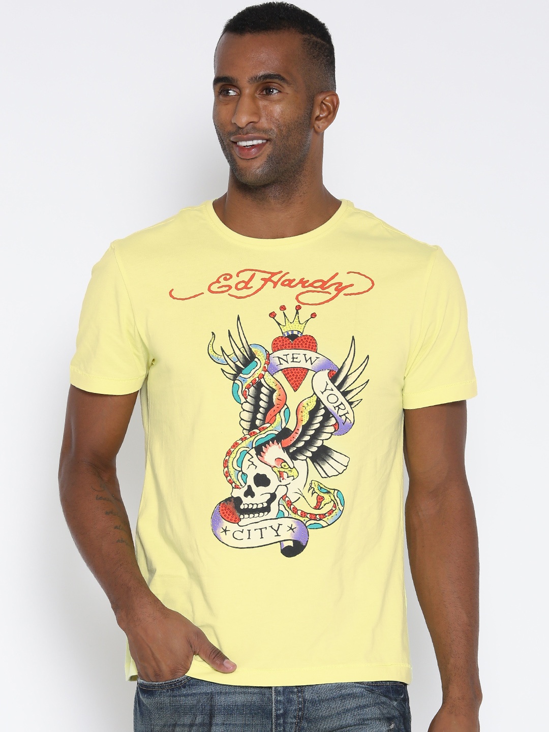 

Ed Hardy Yellow Printed Pure Cotton T-shirt