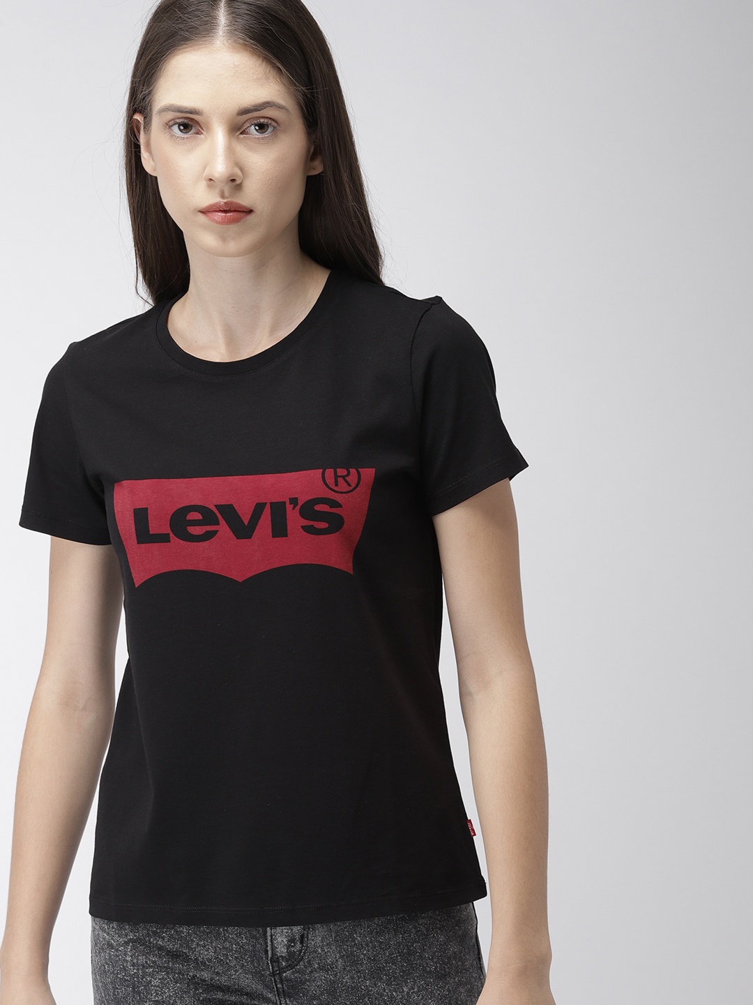 

Levis Women Black Printed Round Neck Pure Cotton T-shirt