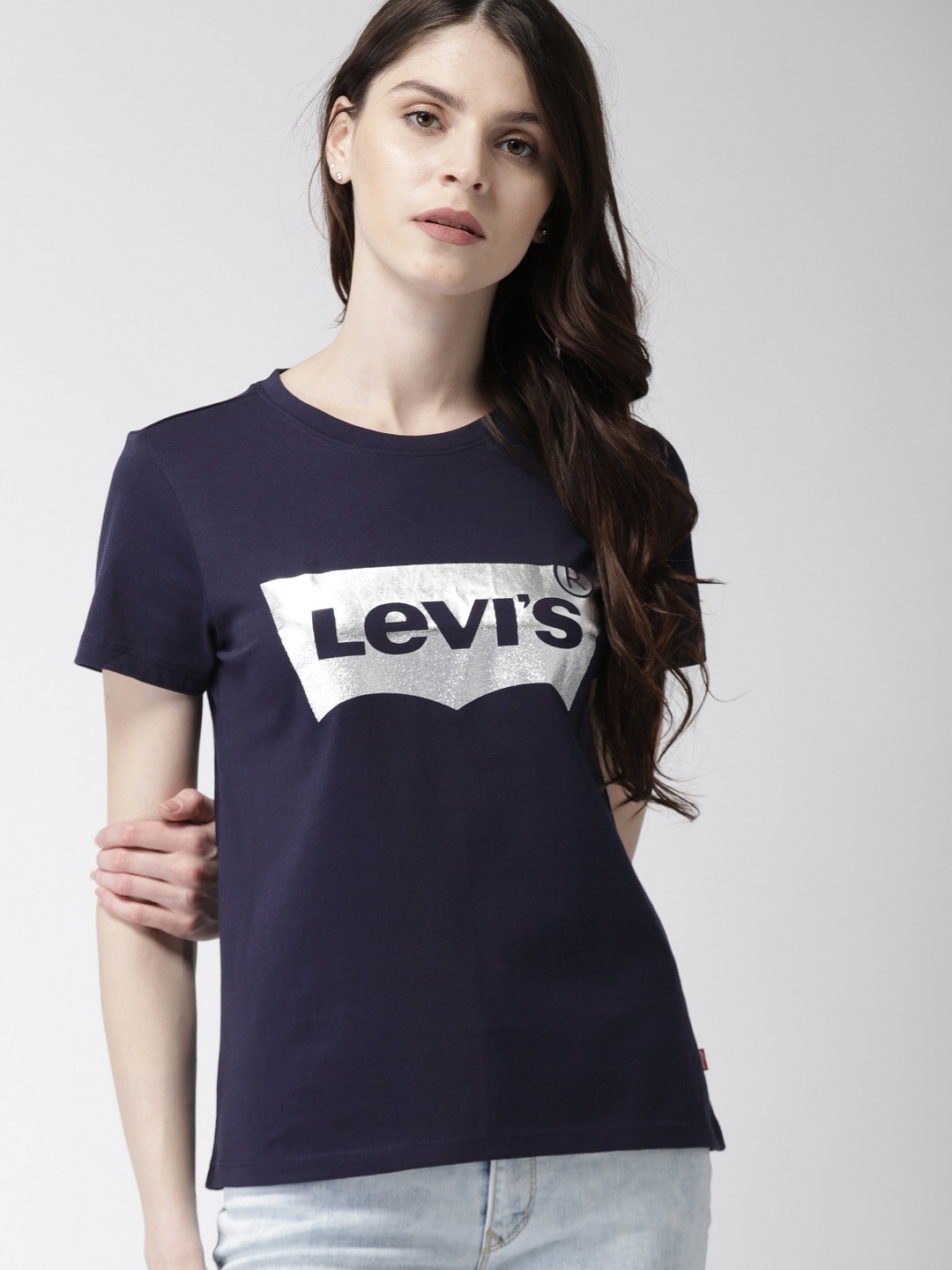 

Levis Women Navy Blue Printed Round Neck Pure Cotton T-shirt