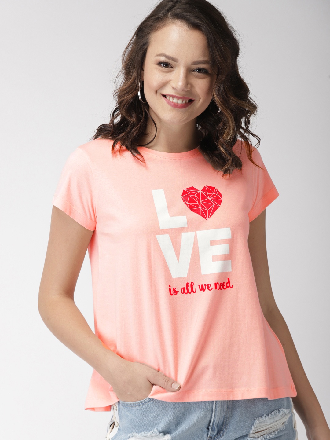 

Mast & Harbour Women Twin Collection Peach-Coloured Printed Round Neck T-shirt