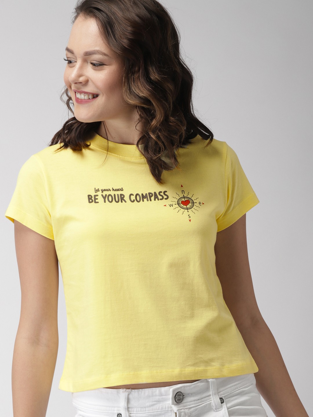 

Mast & Harbour Women Twin Collection Yellow Printed Round Neck T-shirt