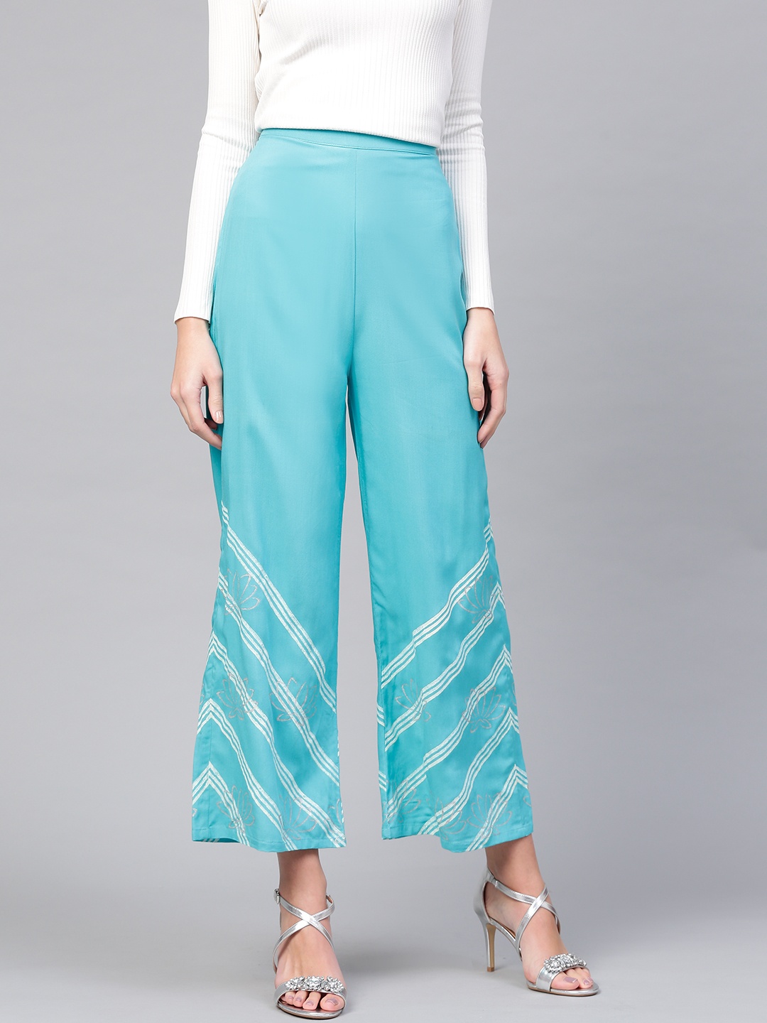 

Pannkh Women Blue & White Printed Wide Leg Palazzos