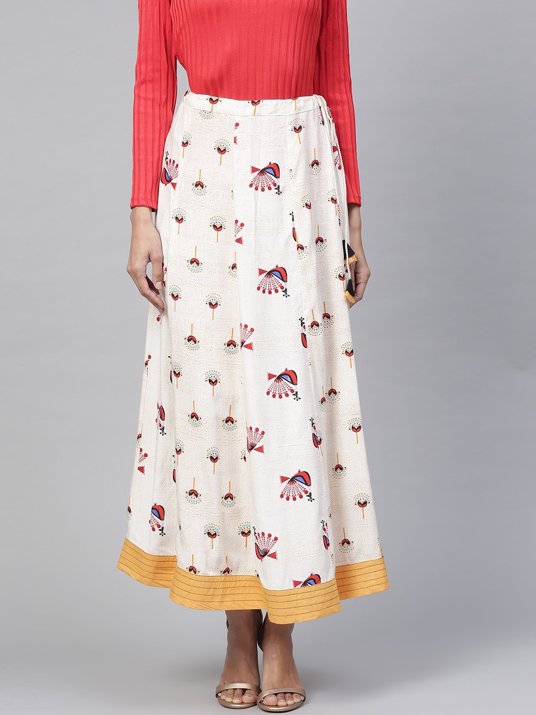 

Pannkh Off-White & Red Printed Maxi A-Line Skirt