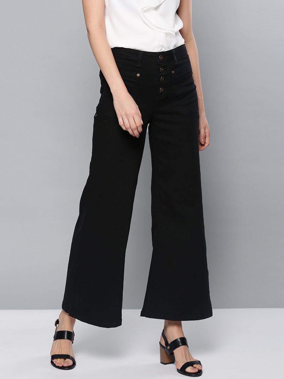 

Chemistry Women Black Flared High-Rise Clean Look Stretchable Cropped Jeans