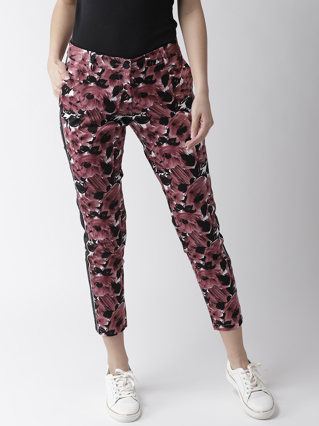 

Mast & Harbour Women Burgundy & White Regular Fit Printed Trousers