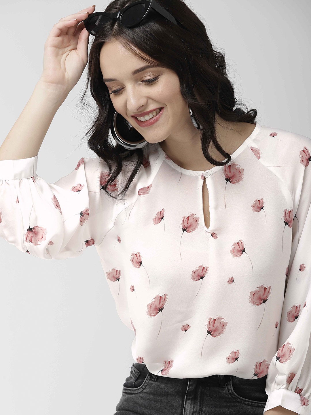 

Mast & Harbour Women White & Coral Pink Floral Print Top