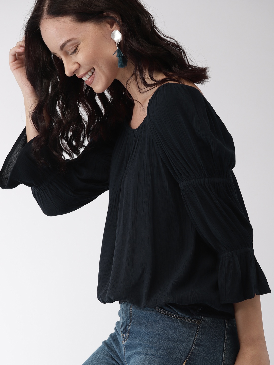 

Mast & Harbour Women Navy Blue Solid Blouson Top