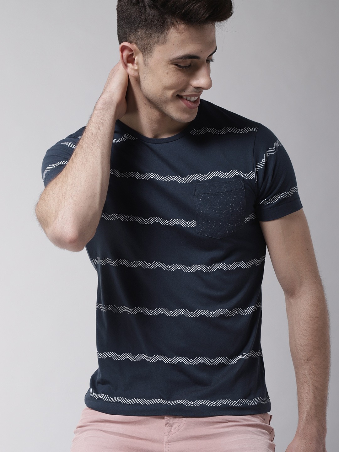 

Mast Harbour Men Navy Blue Striped Round Neck Pure Cotton T-shirt