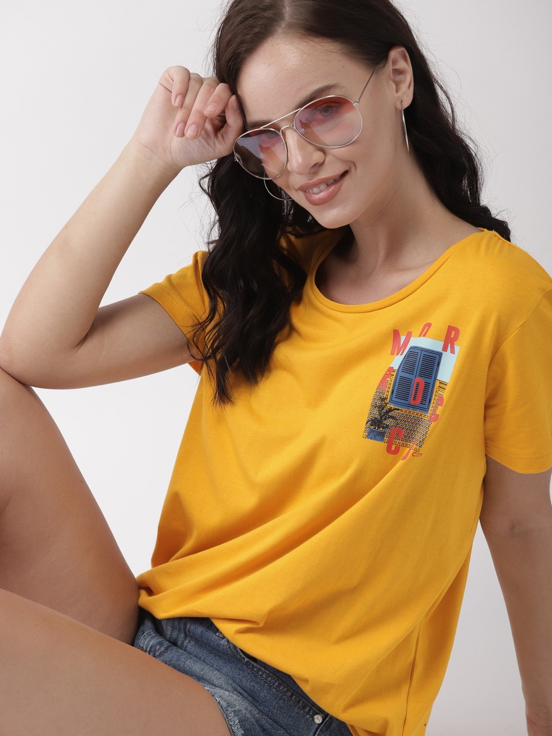 

Mast & Harbour Women Yellow Solid Round Neck T-shirt