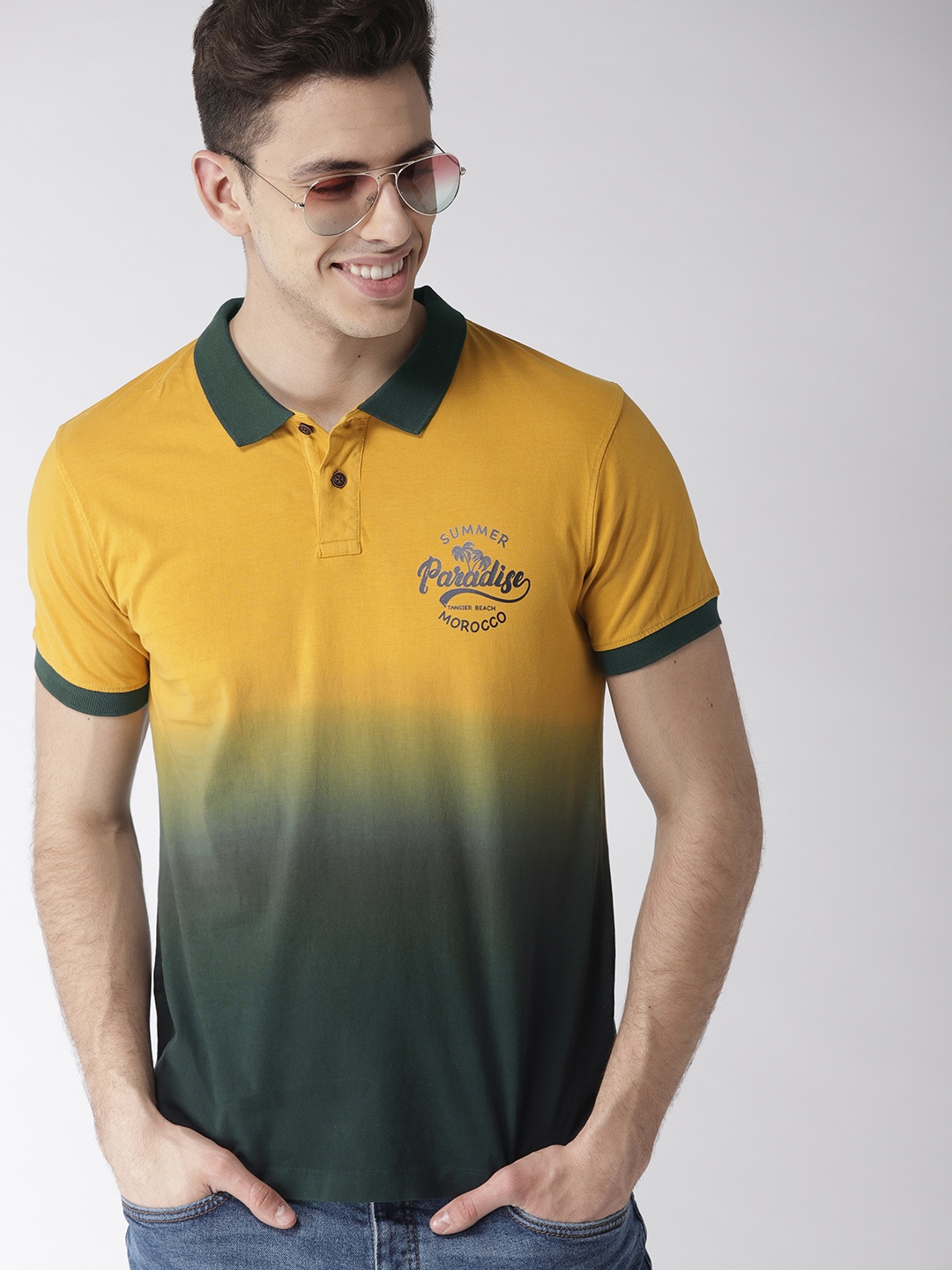 

Mast & Harbour Men Mustard Yellow & Green Ombre Dyed Polo Collar T-shirt