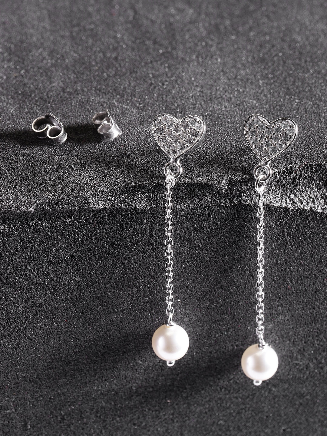 

Carlton London Rhodium-Plated 925 Sterling Silver Stone-Studded Heart-Shaped Drop Earrings