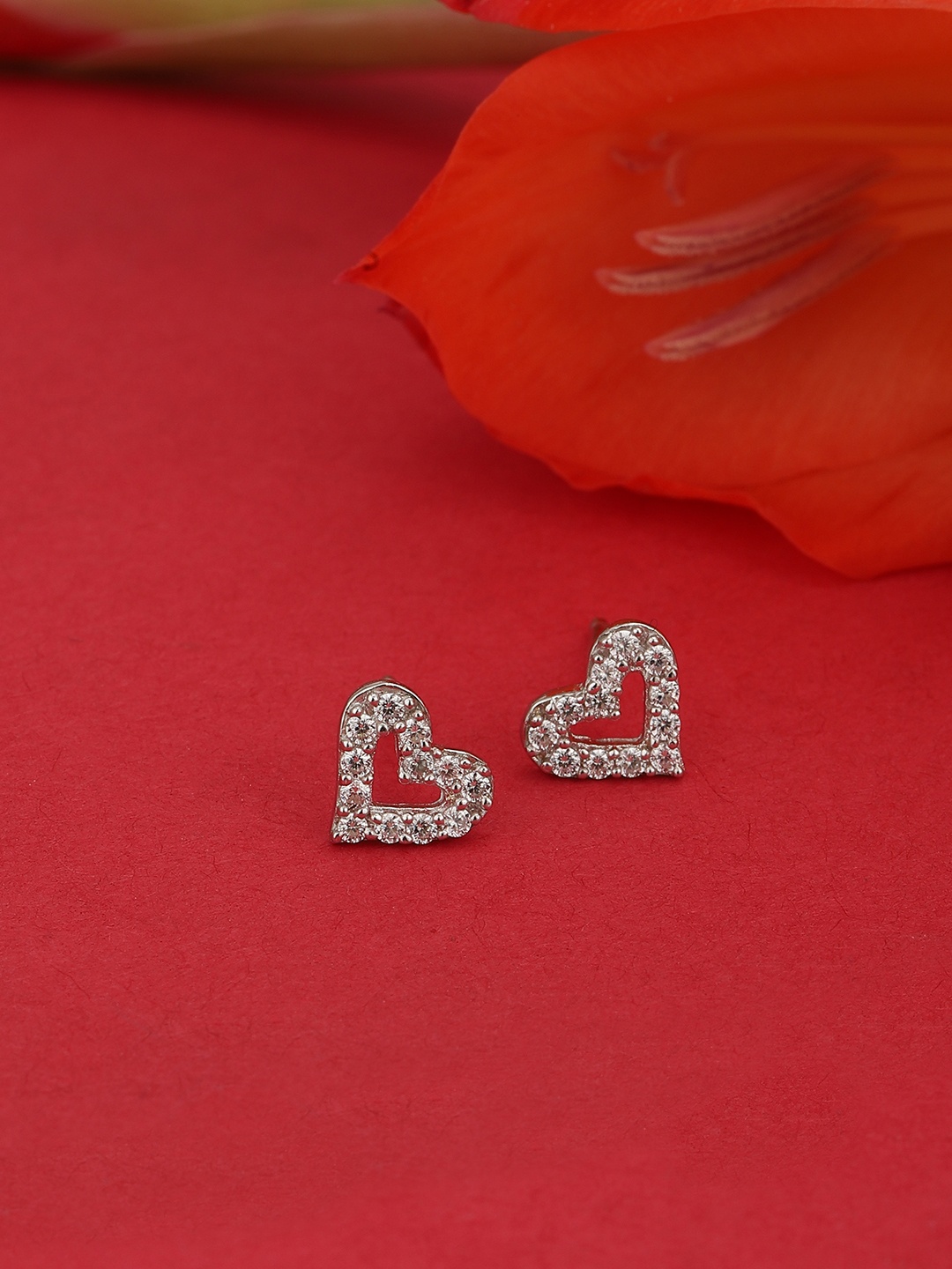 

Carlton London Rhodium Plated 925 Sterling Silver Heart-Shaped Stone-Studded Studs