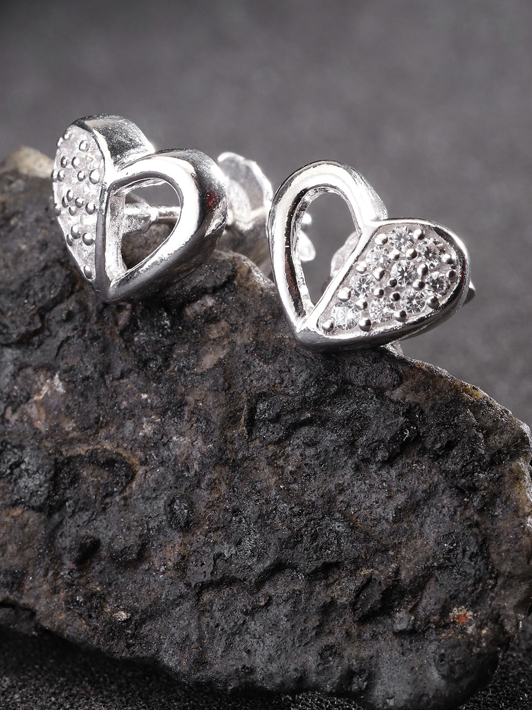 

Carlton London Rhodium-Plated 925 Sterling Silver Heart-Shaped Stone-Studded Studs