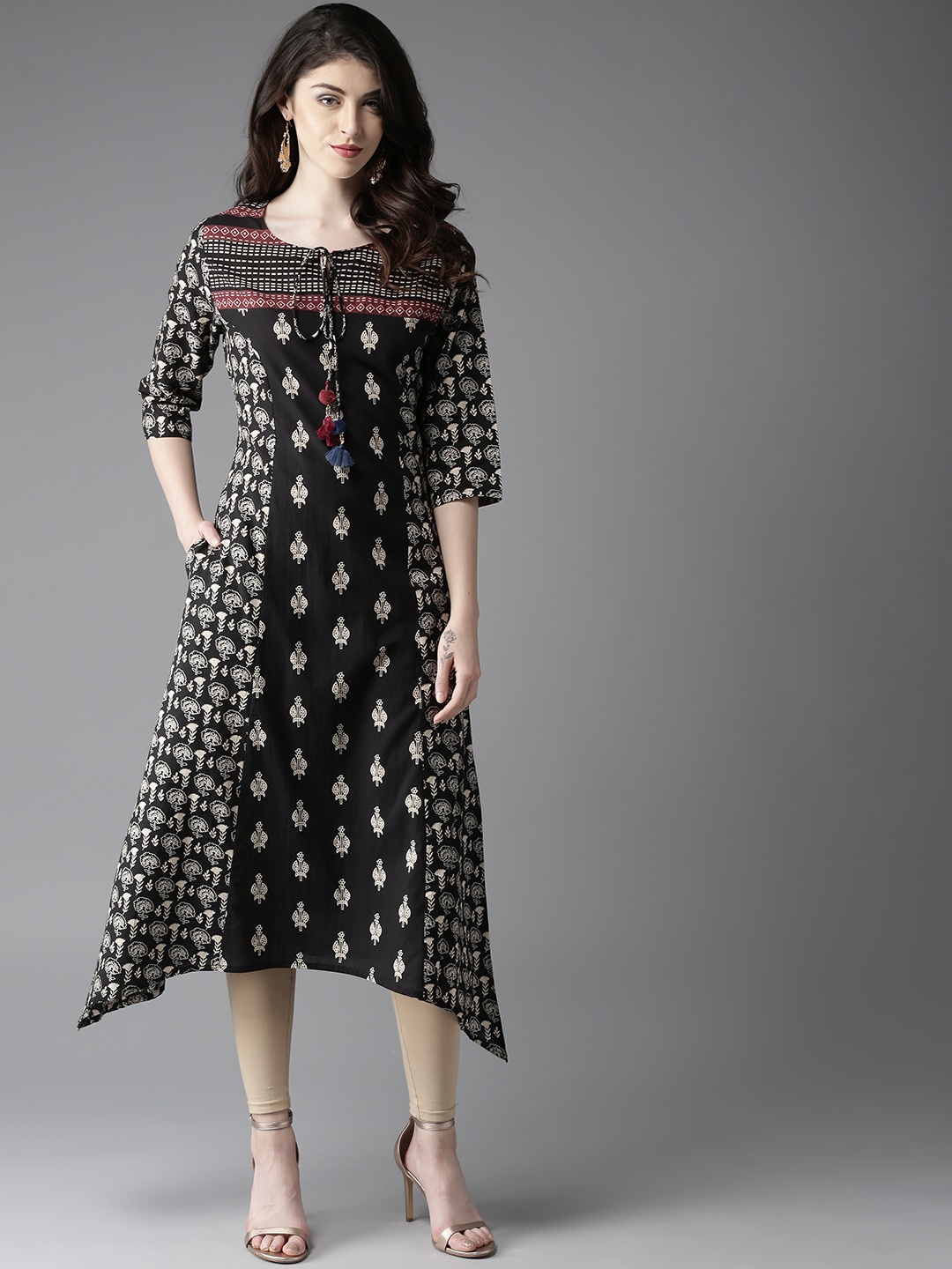 

Moda Rapido Women Black & Off-White Printed A-Line Kurta