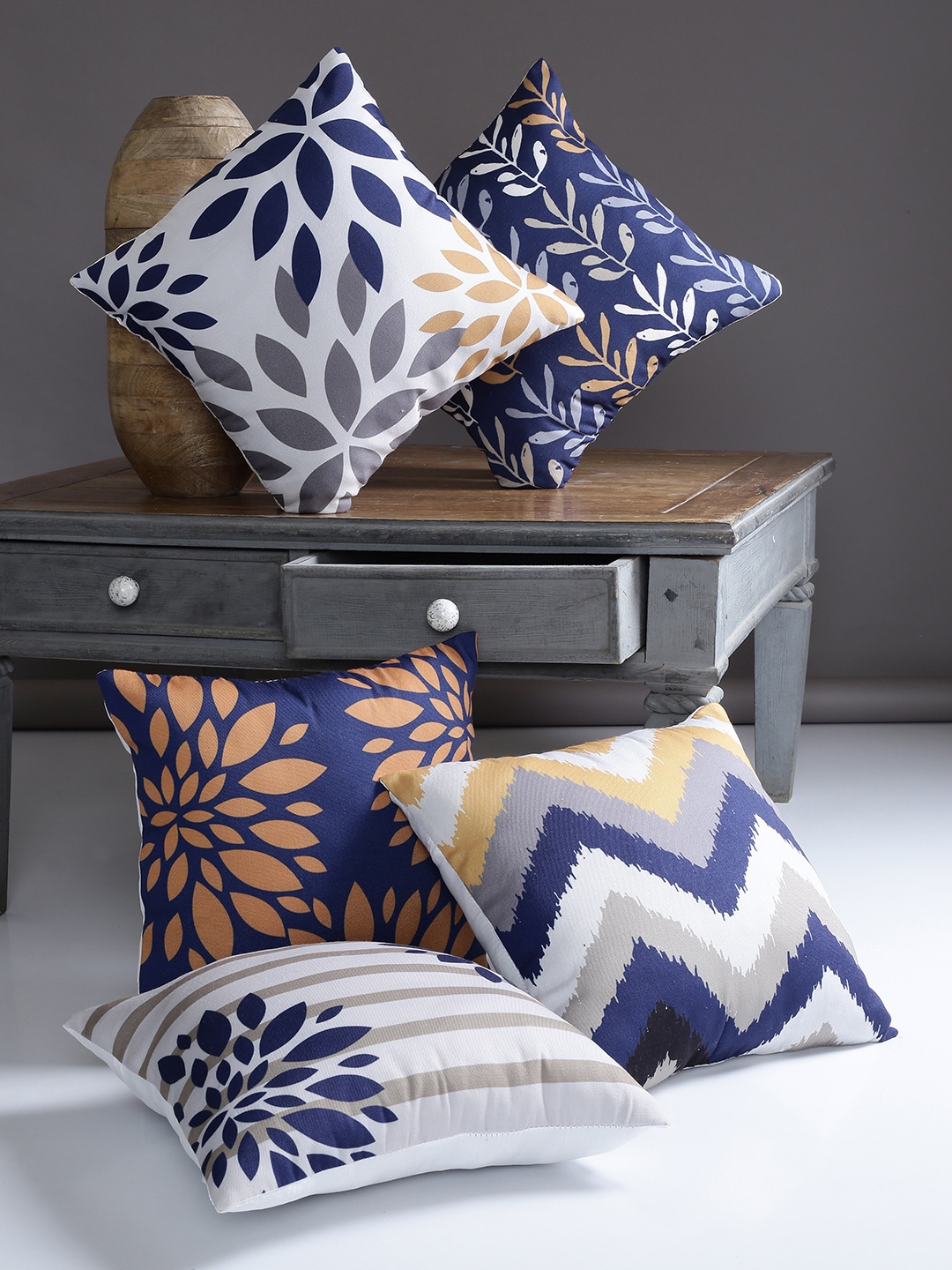 

Alina decor Navy Blue Set of 5 Geometric Square Cushion Covers