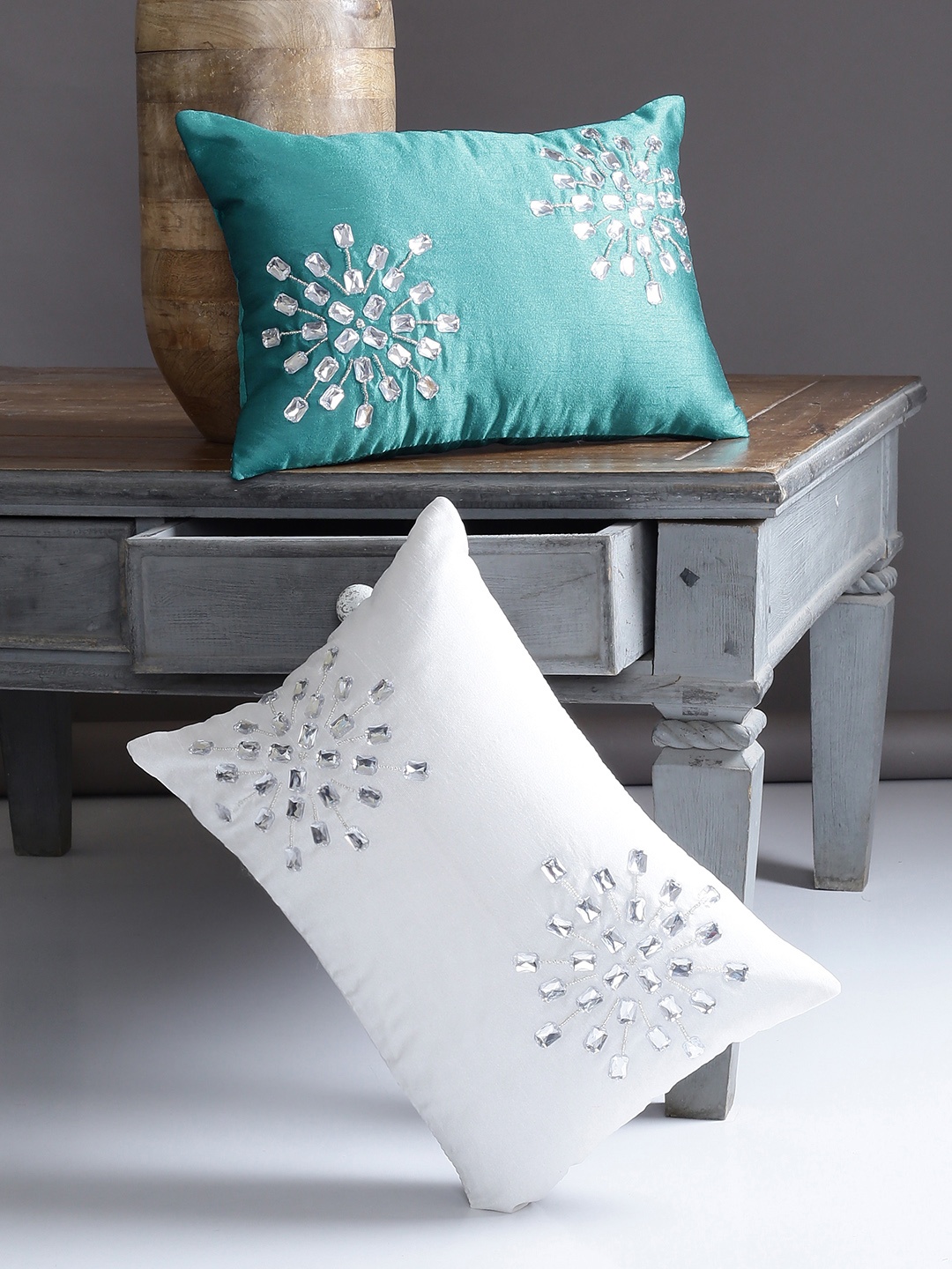 

Alina decor Set of 2 Embellished Rectangle Cushion Covers, Teal
