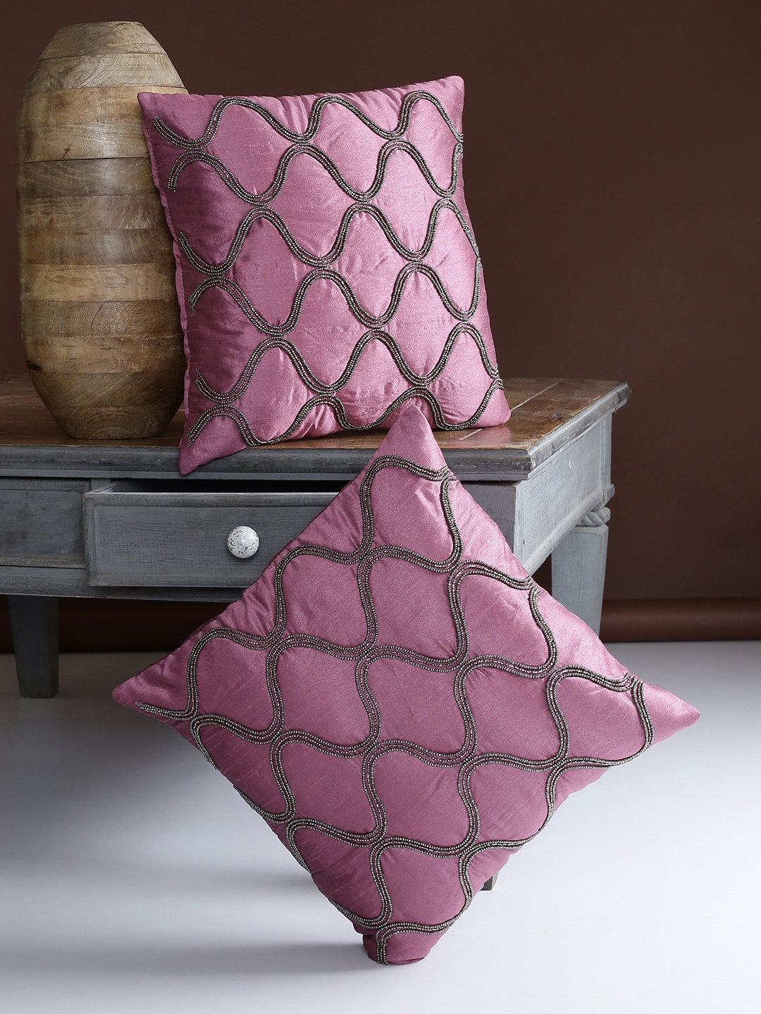 Alina decor Pink Set of 2 Geometric Square Cushion Covers