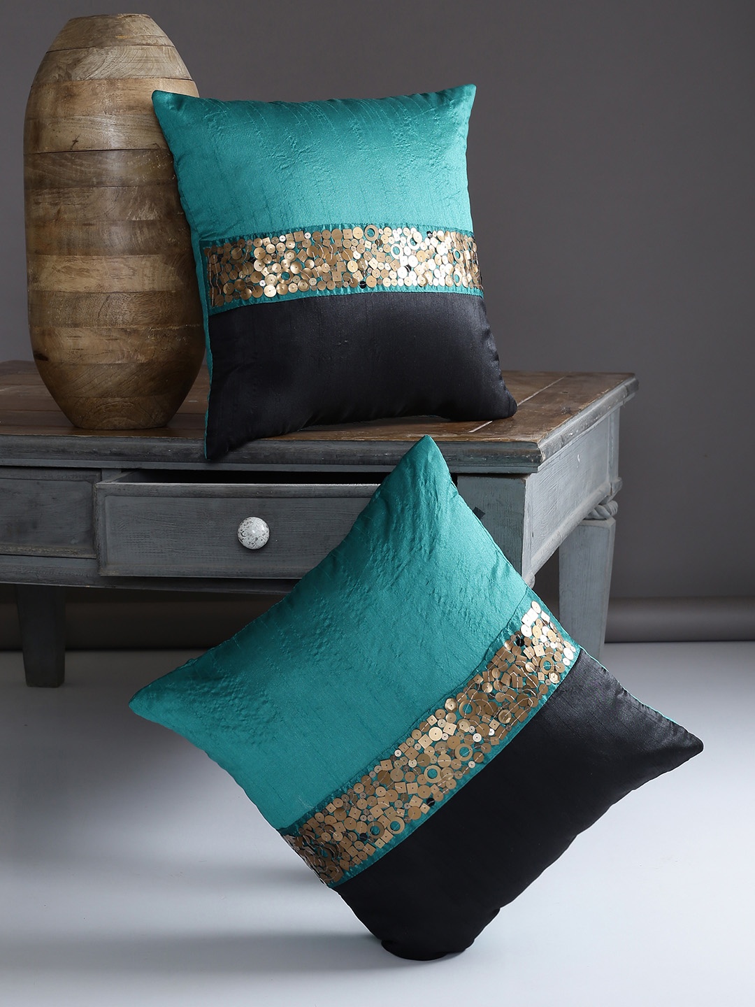 

Alina decor Teal Set of 2 Colourblocked Square Cushion Covers