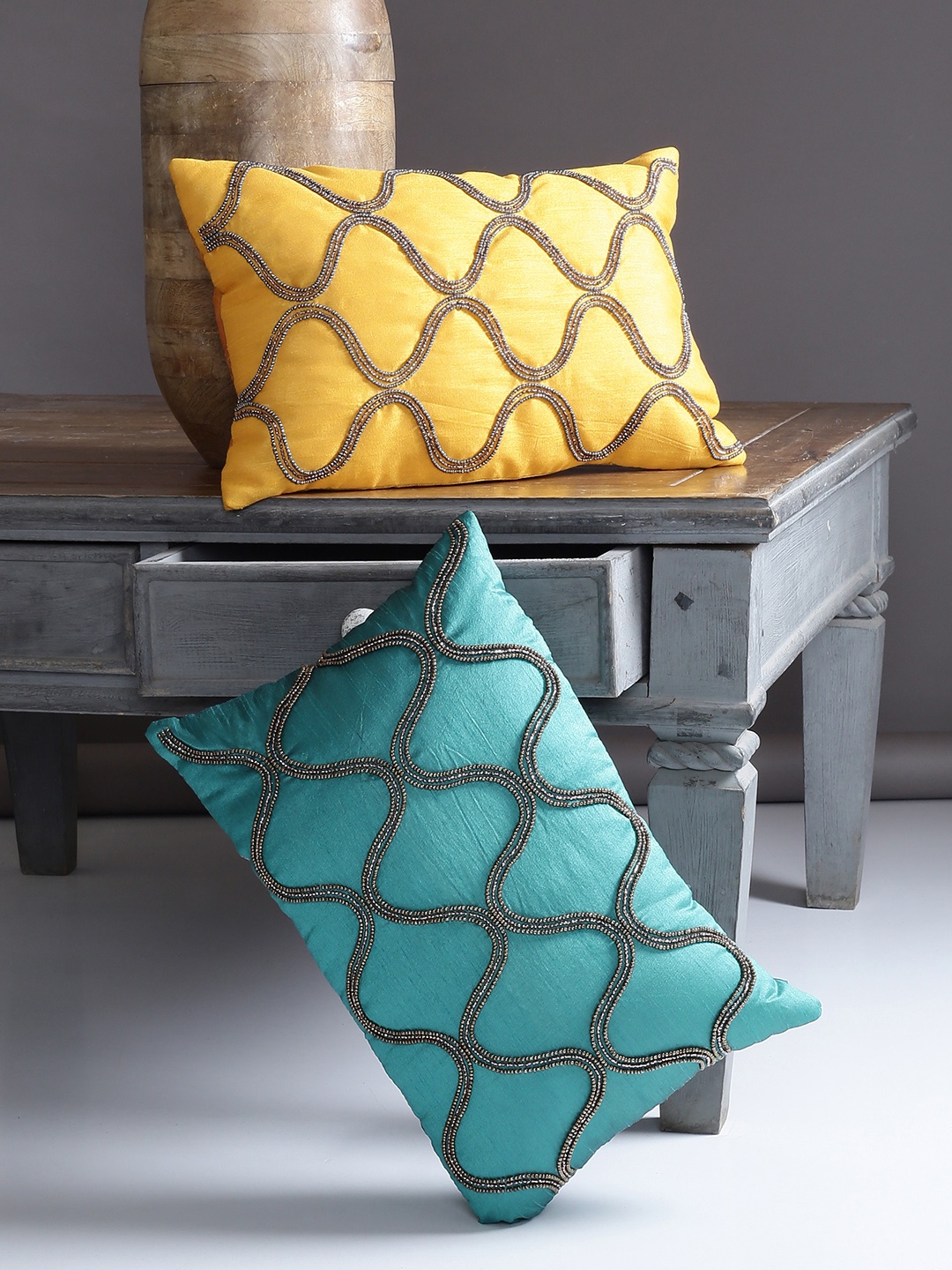 Alina decor Set of 2 Embellished Rectangle Cushion Covers, Teal