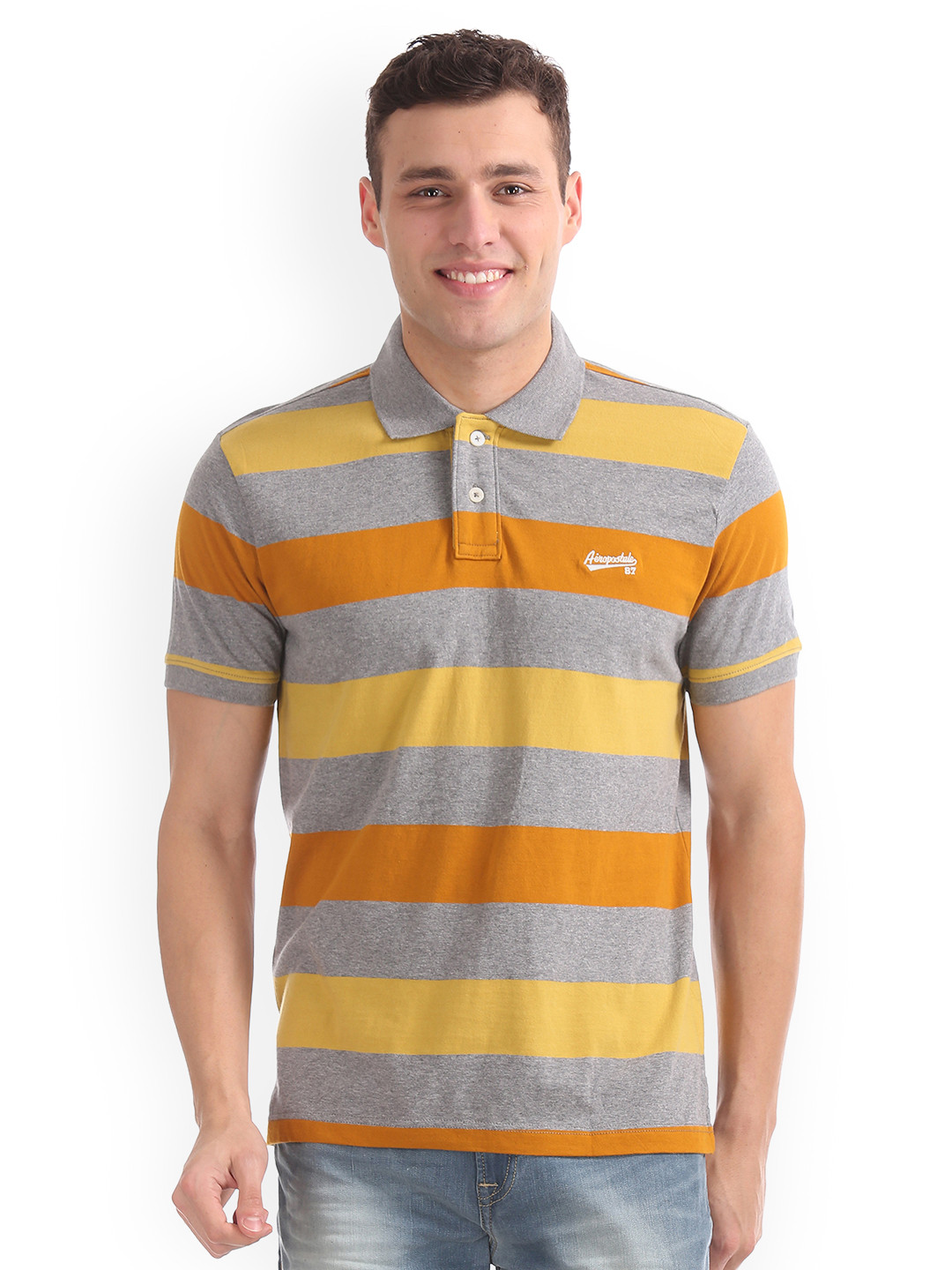 

Aeropostale Men Yellow Striped Round Neck T-shirt
