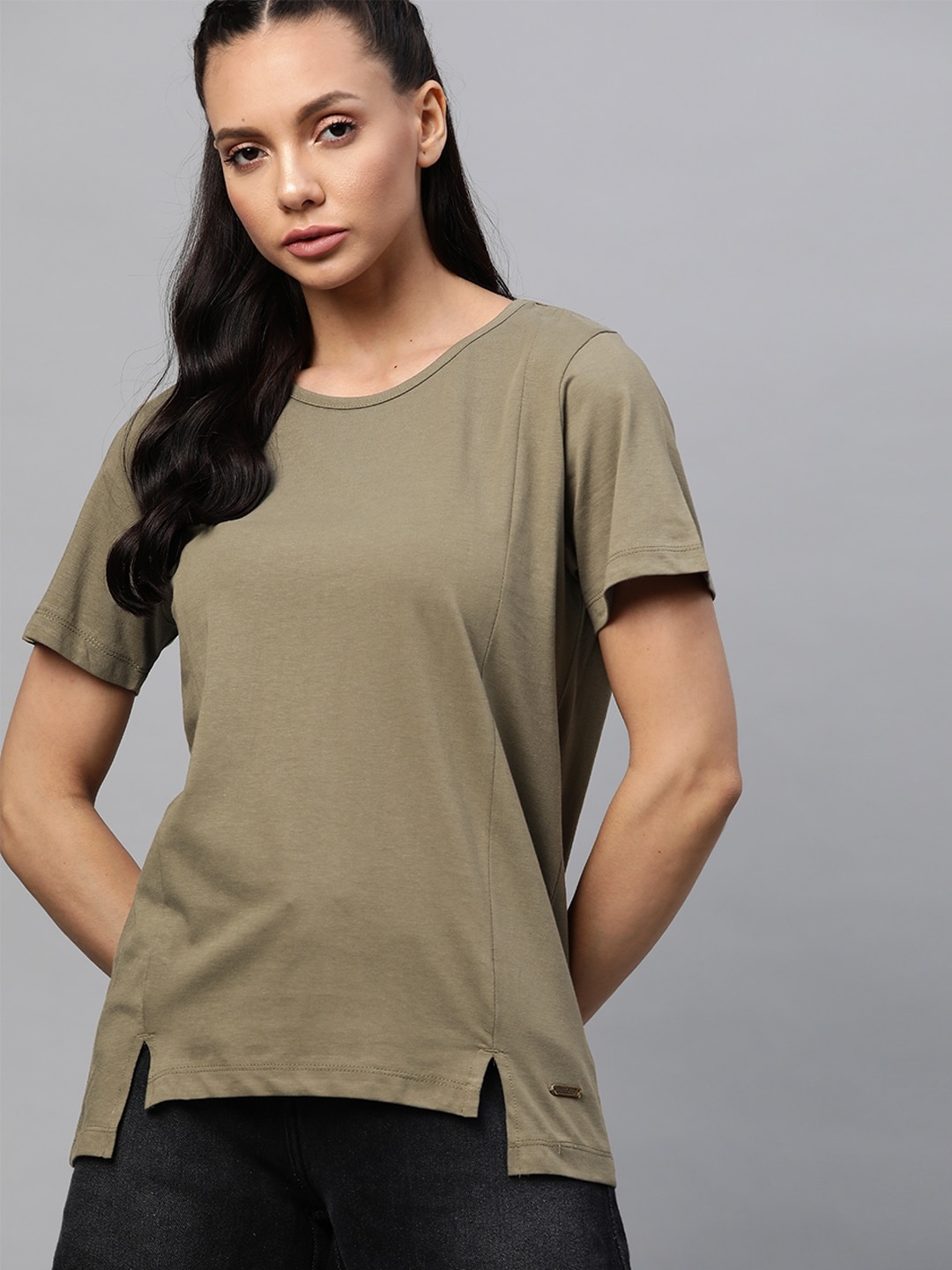 

Roadster Olive Green Solid Cut & Sew Pure Cotton T-shirt