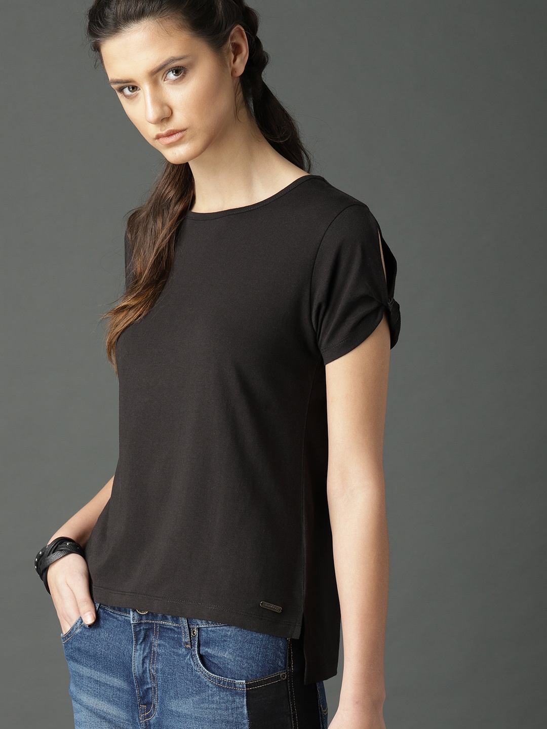 

Roadster Women Black Solid Pure Cotton Top With Sleeve Twist
