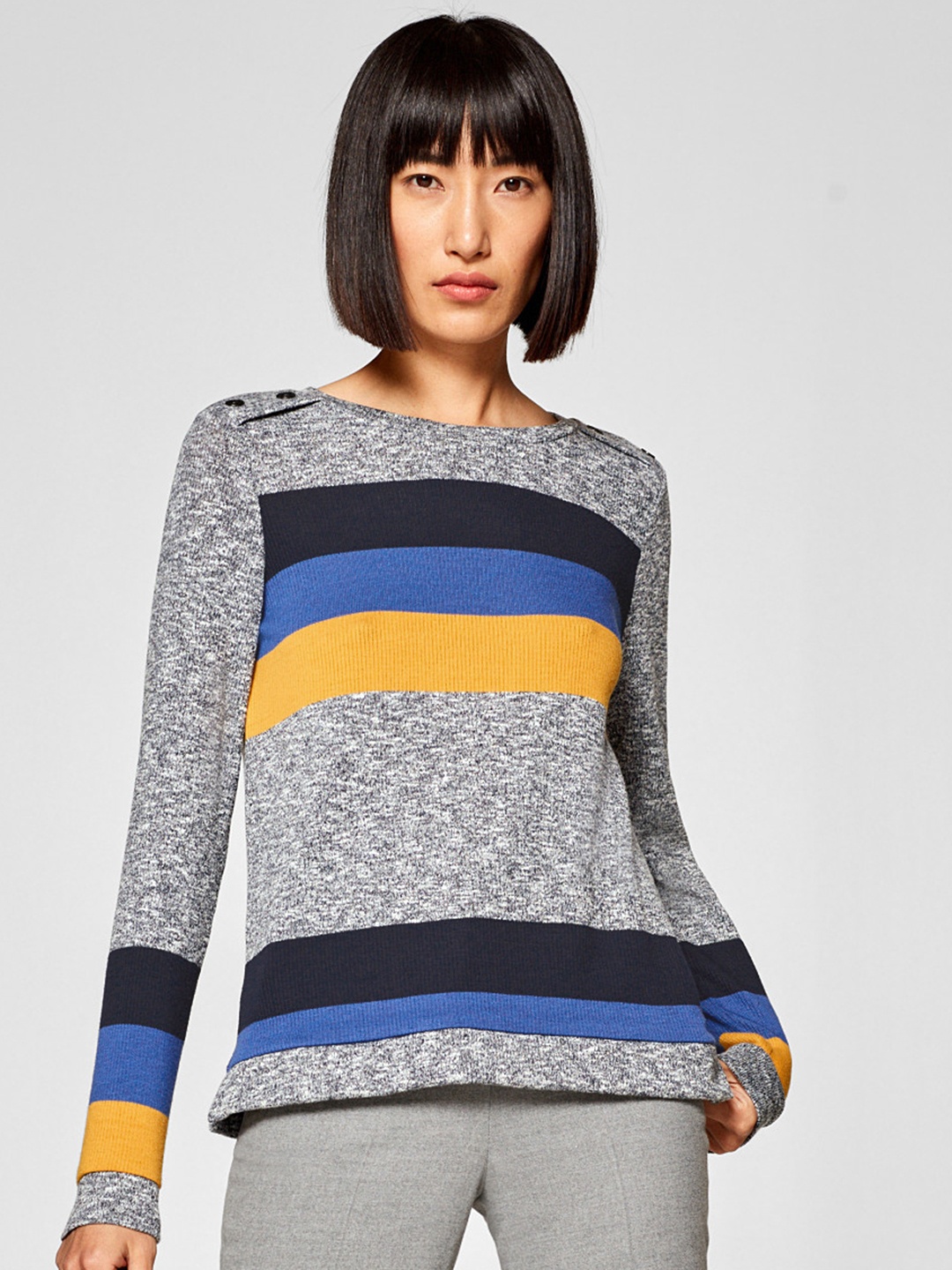 

ESPRIT Women Grey Melange & Blue Striped Pullover