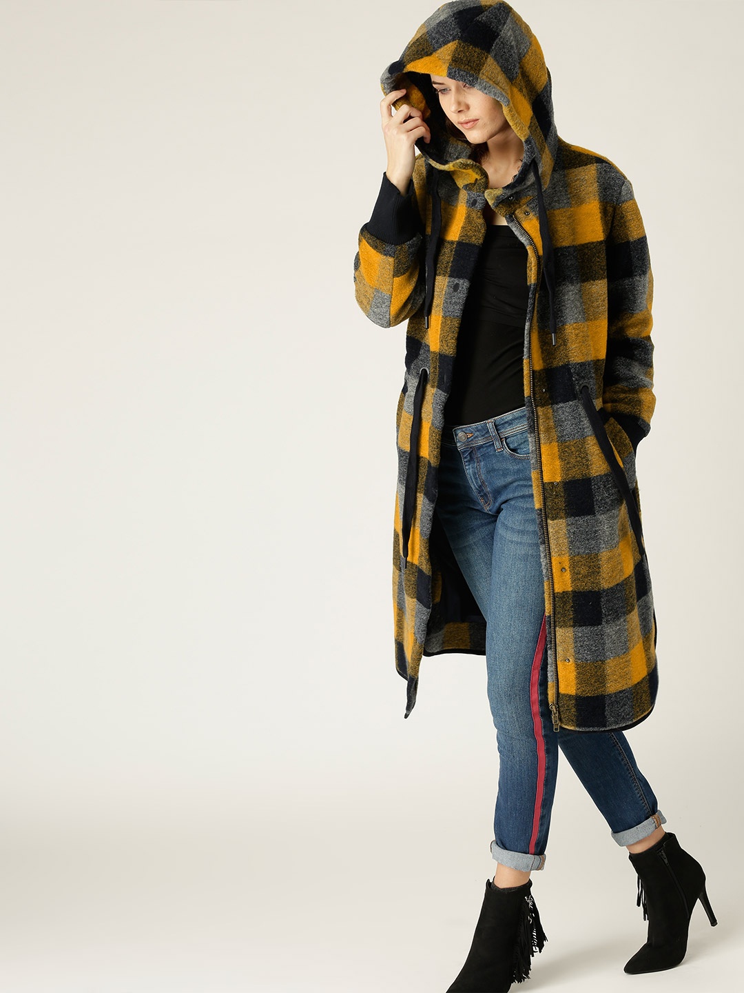

ESPRIT Women Navy Blue & Mustard Yellow Checked Hooded Overcoat
