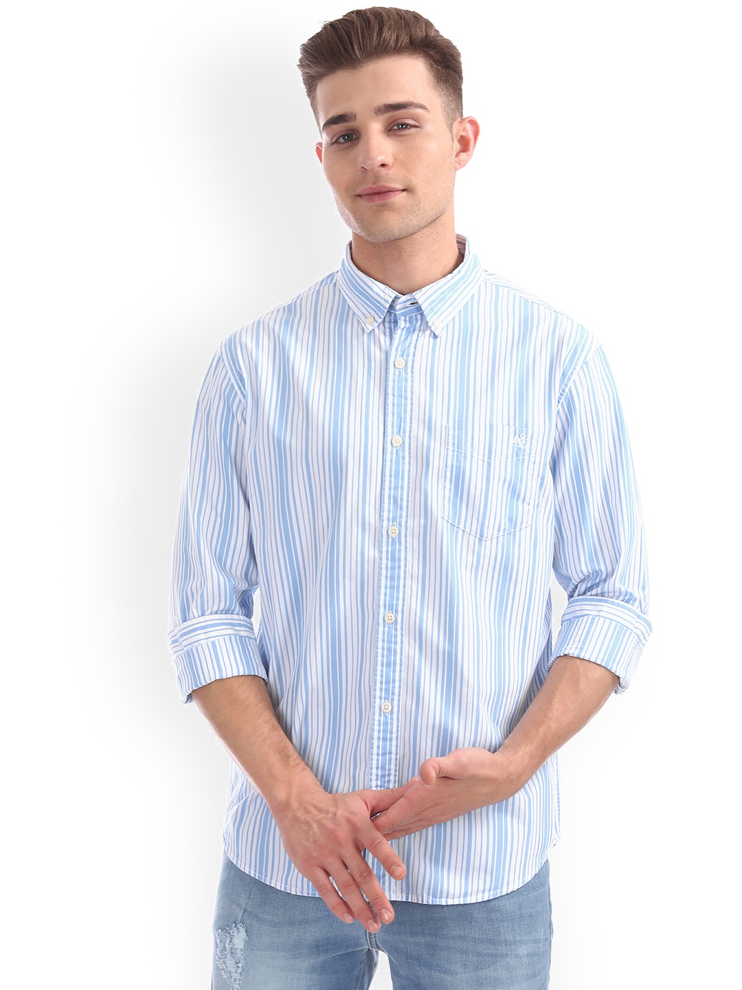 

Aeropostale Men Blue & White Slim Fit Striped Casual Shirt