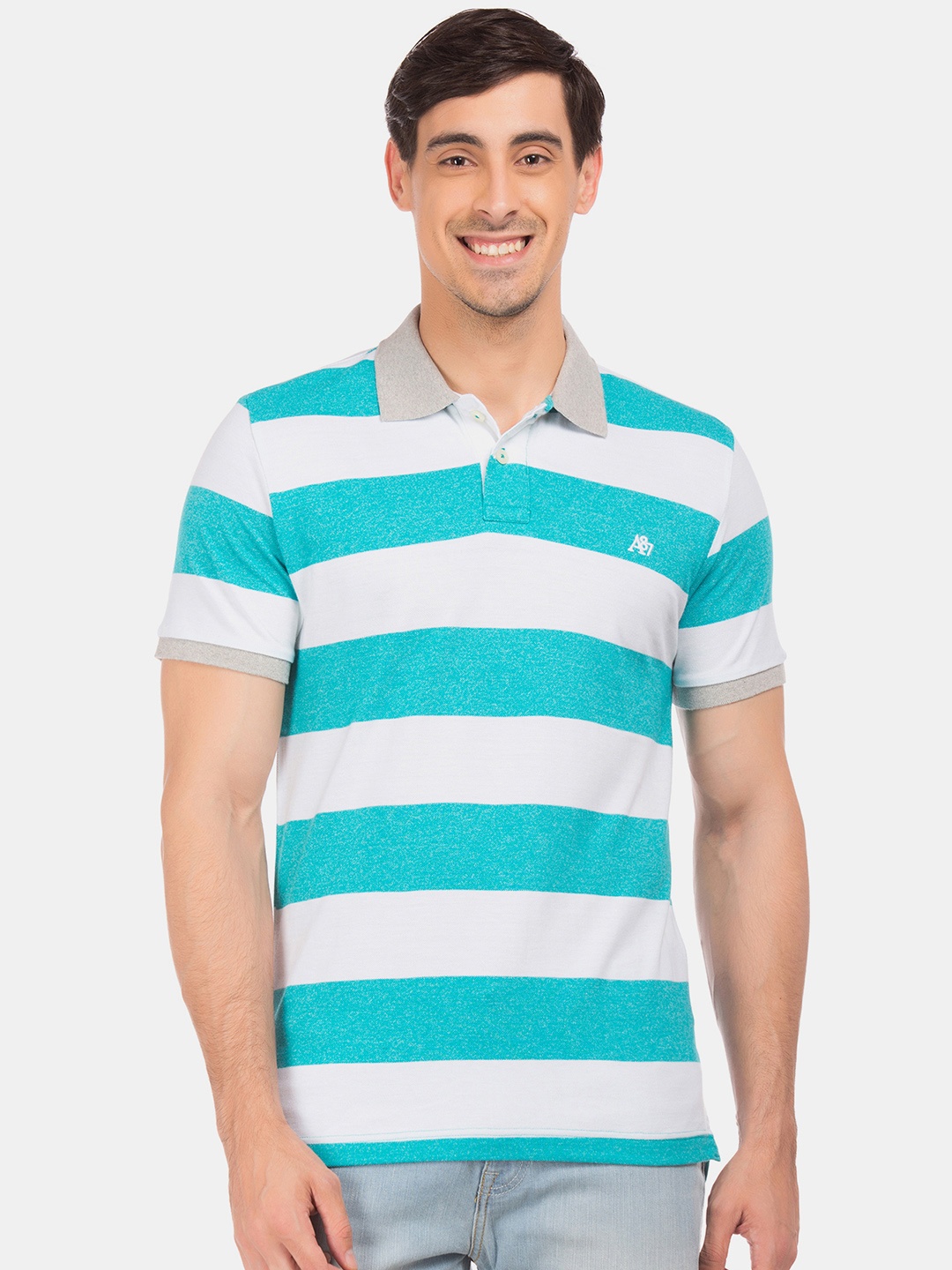 

Aeropostale Men Sea Blue & White Striped Polo Collar T-shirt