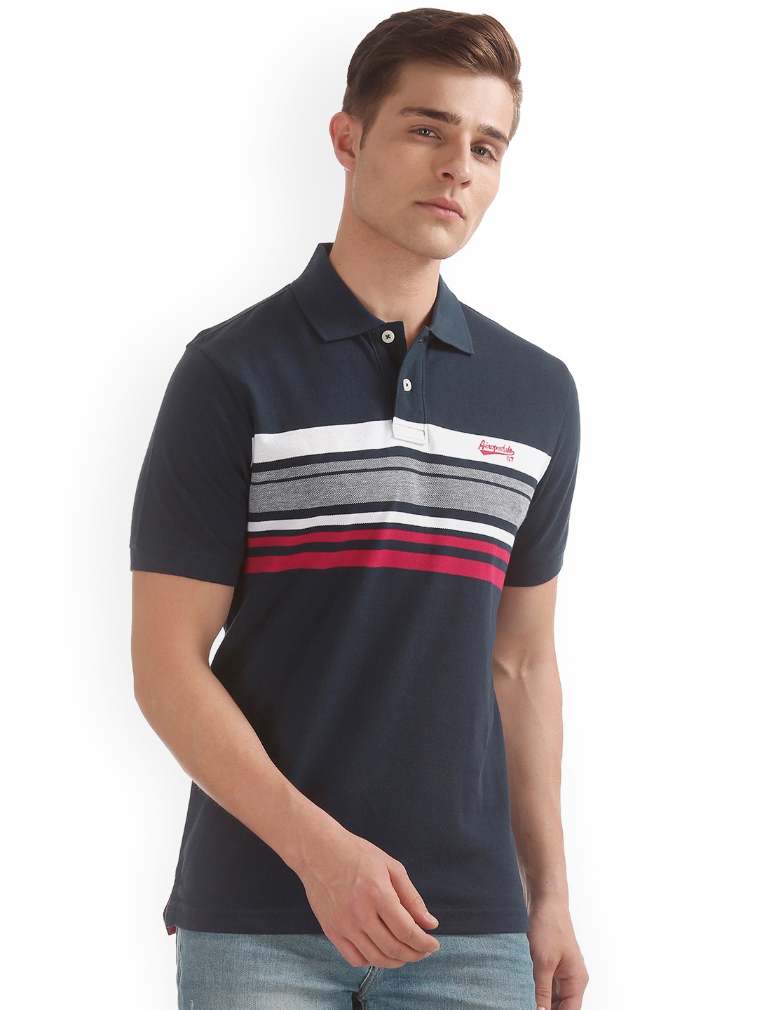 

Aeropostale Men Navy Blue Striped Polo Collar Pure Cotton T-shirt