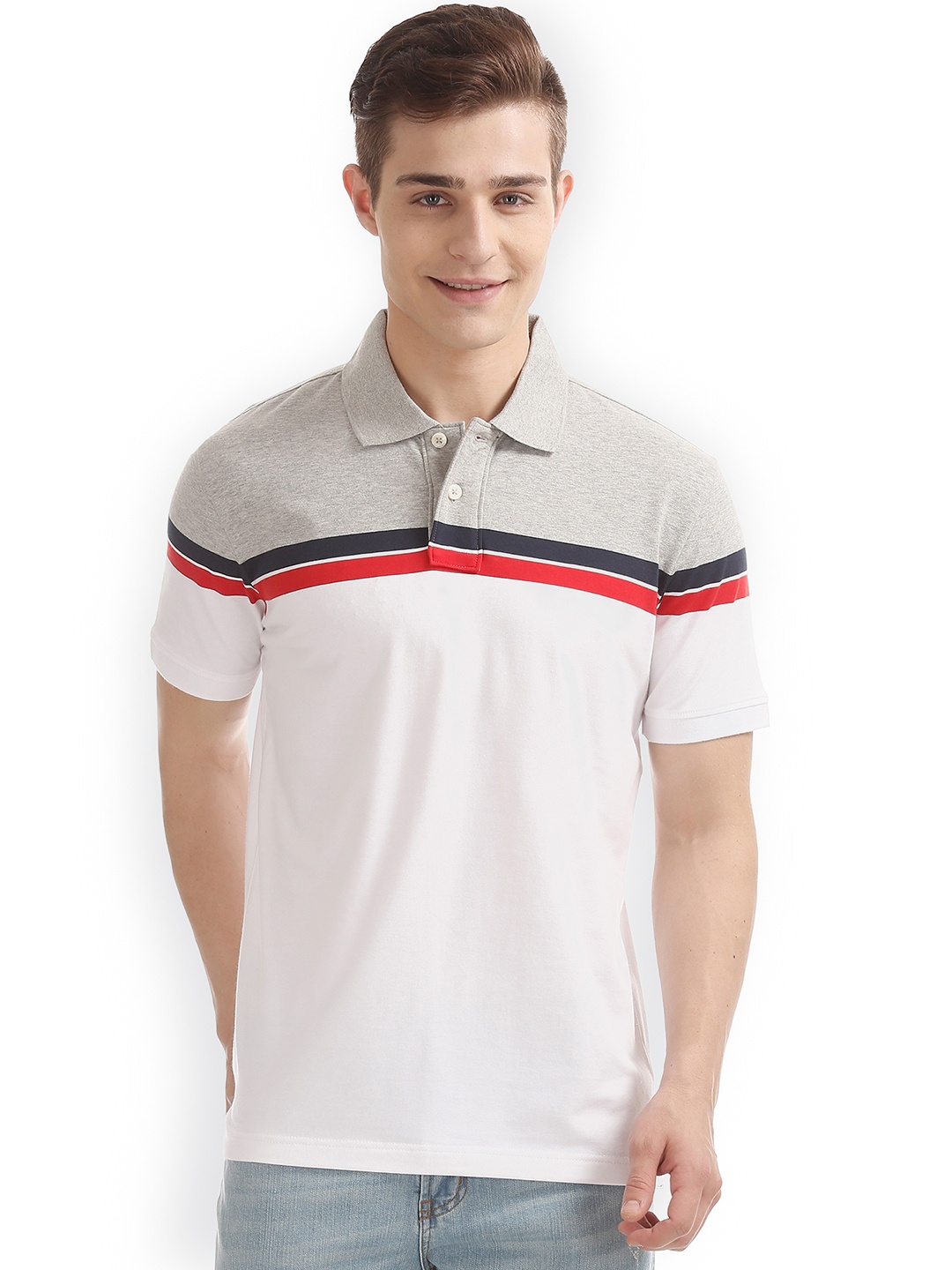 

Aeropostale Men Grey White Colourblocked Polo Collar Pure Cotton T-shirt