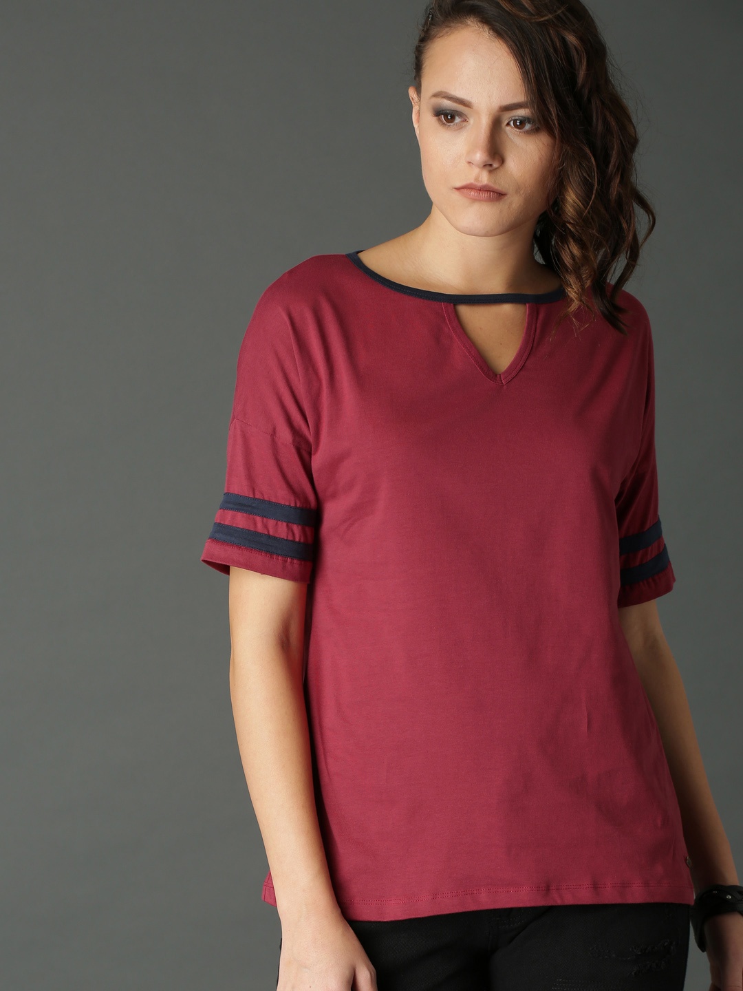 

Roadster Women Maroon Solid Pure Cotton Top With Contrast Detail
